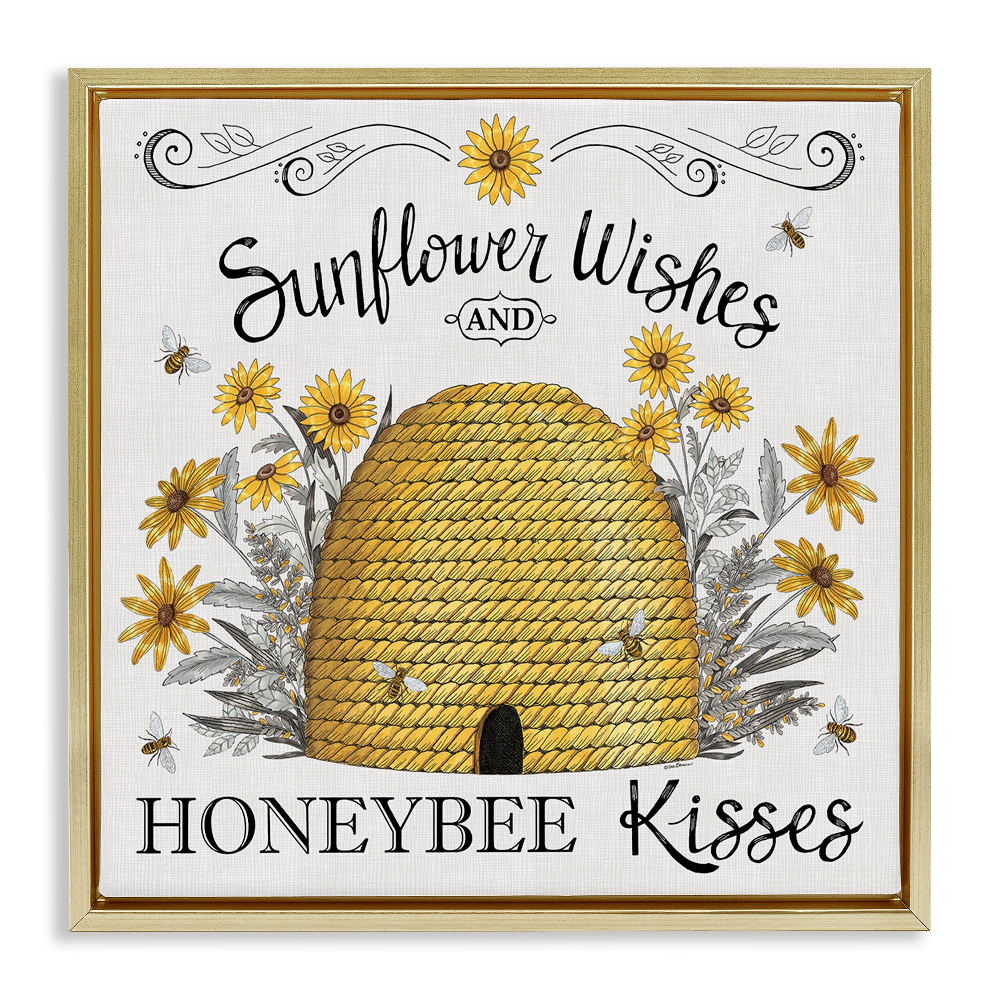 Stupell Industries Sunflower Wishes Honeybee Kisses Plants & Flowers Painting Gold Floater Framed Canvas Art Print Wall Art, 25 x 25