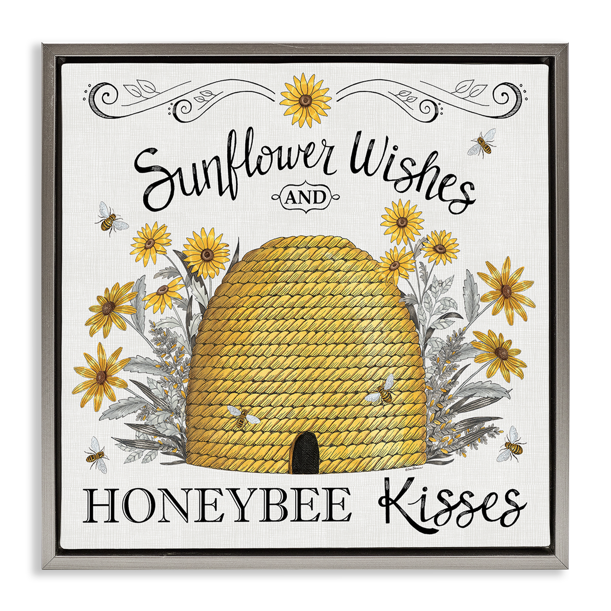 Stupell Industries Sunflower Wishes Honeybee Kisses Plants & Flowers Painting Gray Floater Framed Canvas Art Print Wall Art, 25 x 25