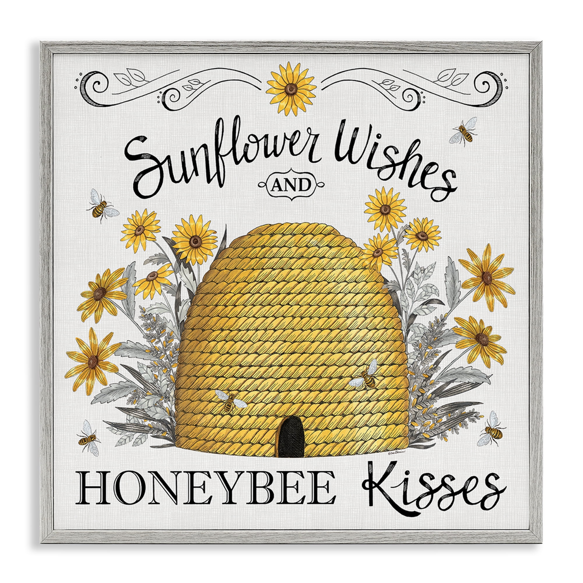 Stupell Industries Sunflower Wishes Honeybee Kisses Plants & Flowers Painting Gray Framed Art Print Wall Art, 12 x 12