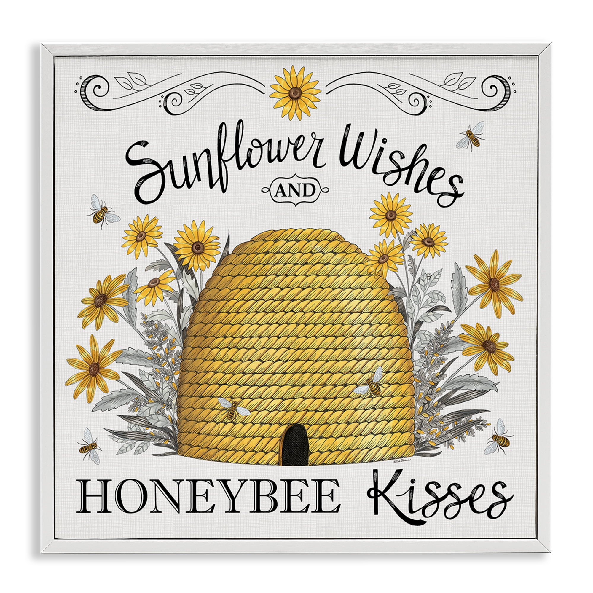 Stupell Industries Sunflower Wishes Honeybee Kisses Plants & Flowers Painting White Framed Art Print Wall Art, 17 x 17