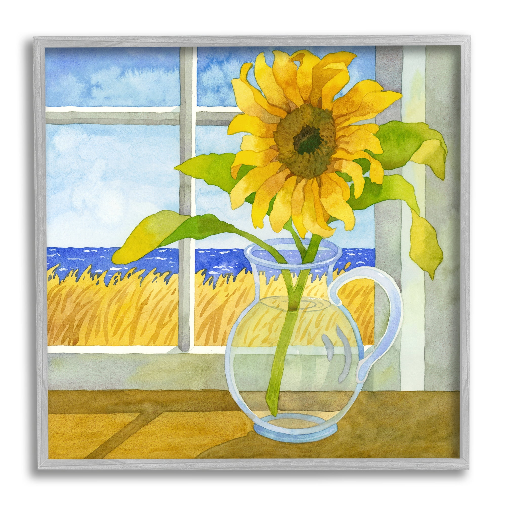 Stupell Industries Sunflower in Coastal Window Botanical & Floral Painting Gray Framed Art Print Wall Art, 17 x 17