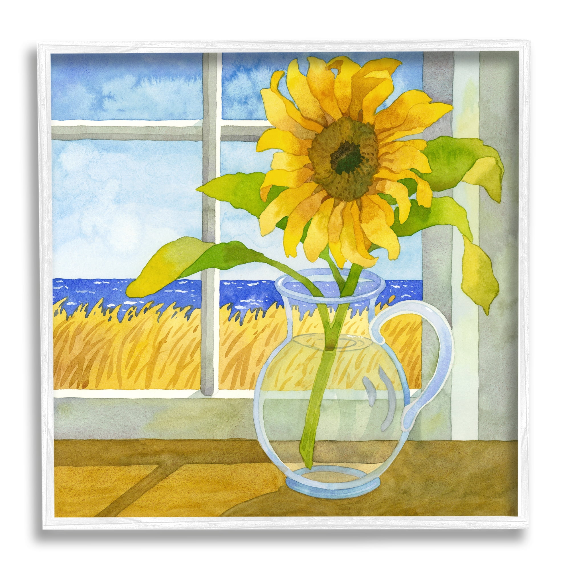 Stupell Industries Sunflower in Coastal Window Botanical & Floral Painting White Framed Art Print Wall Art, 12 x 12