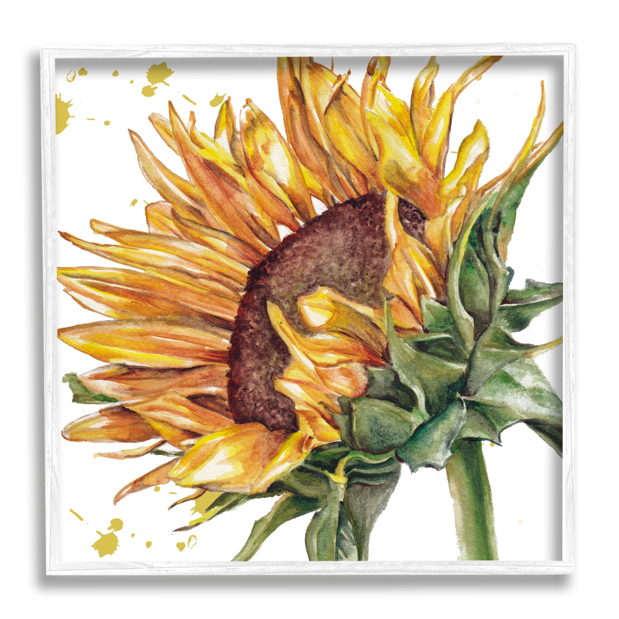 Stupell Industries Sunflower with Modern Splash Botanical & Floral Painting White Framed Art Print Wall Art, 12 x 12