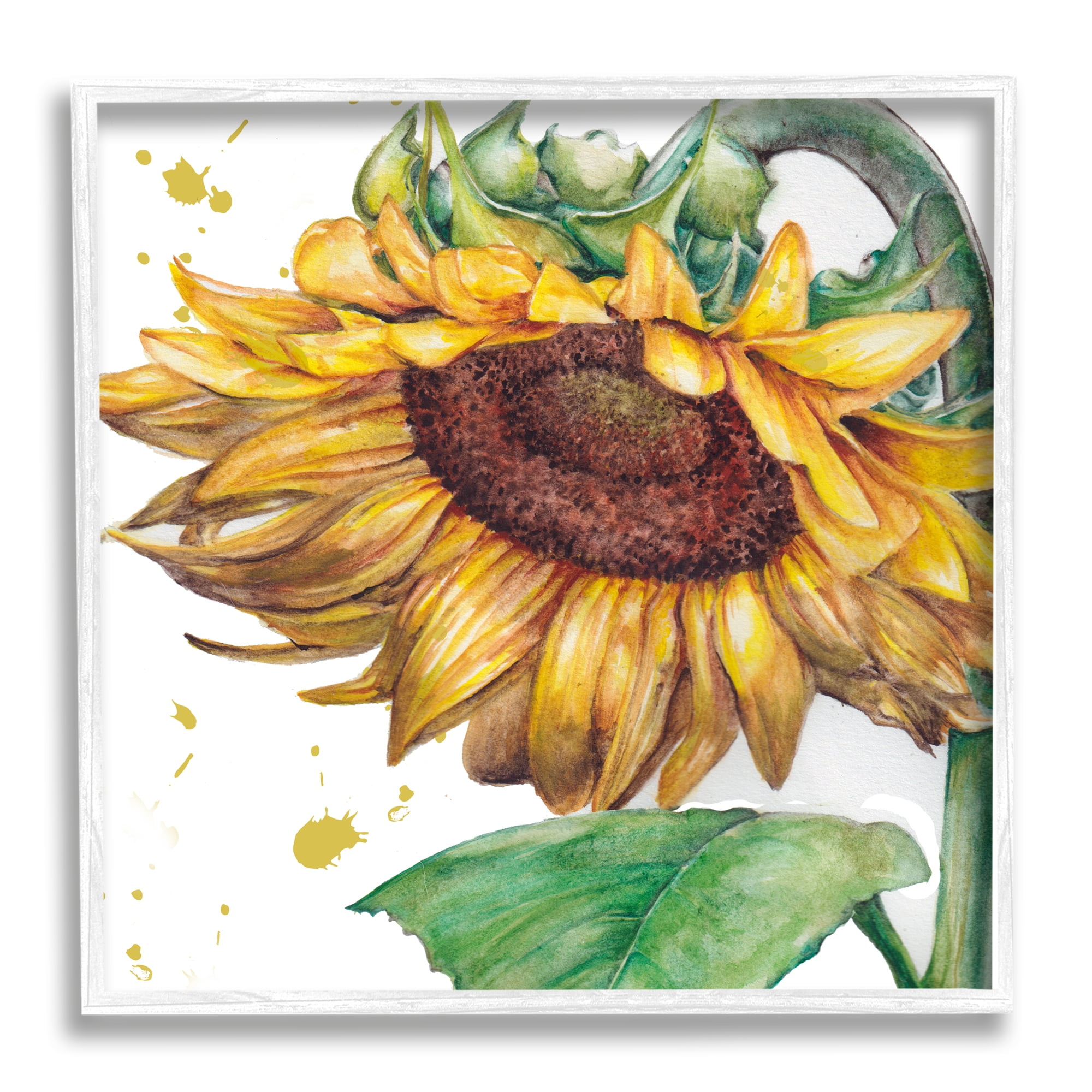 Stupell Industries Sunflower with Paint Splatter Botanical & Floral Painting White Framed Art Print Wall Art, 12 x 12