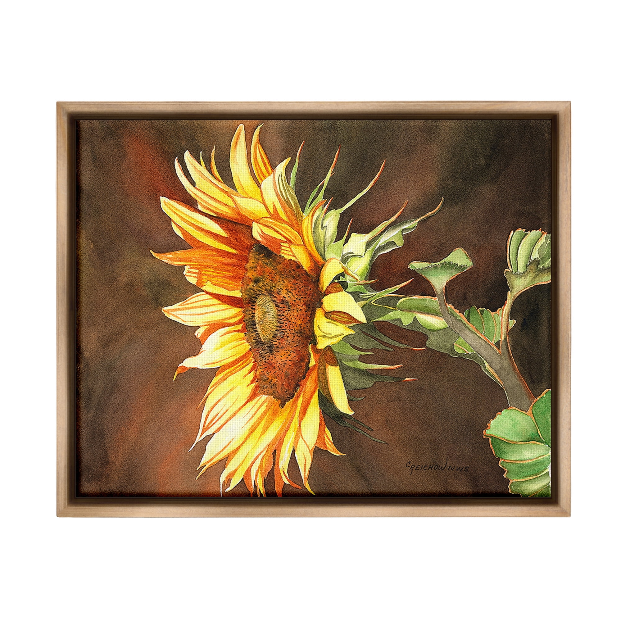 Stupell Industries Sunflower with Vivid Light Botanical & Floral Painting Brown Floater Framed Canvas Art Print Wall Art, 31 x 25