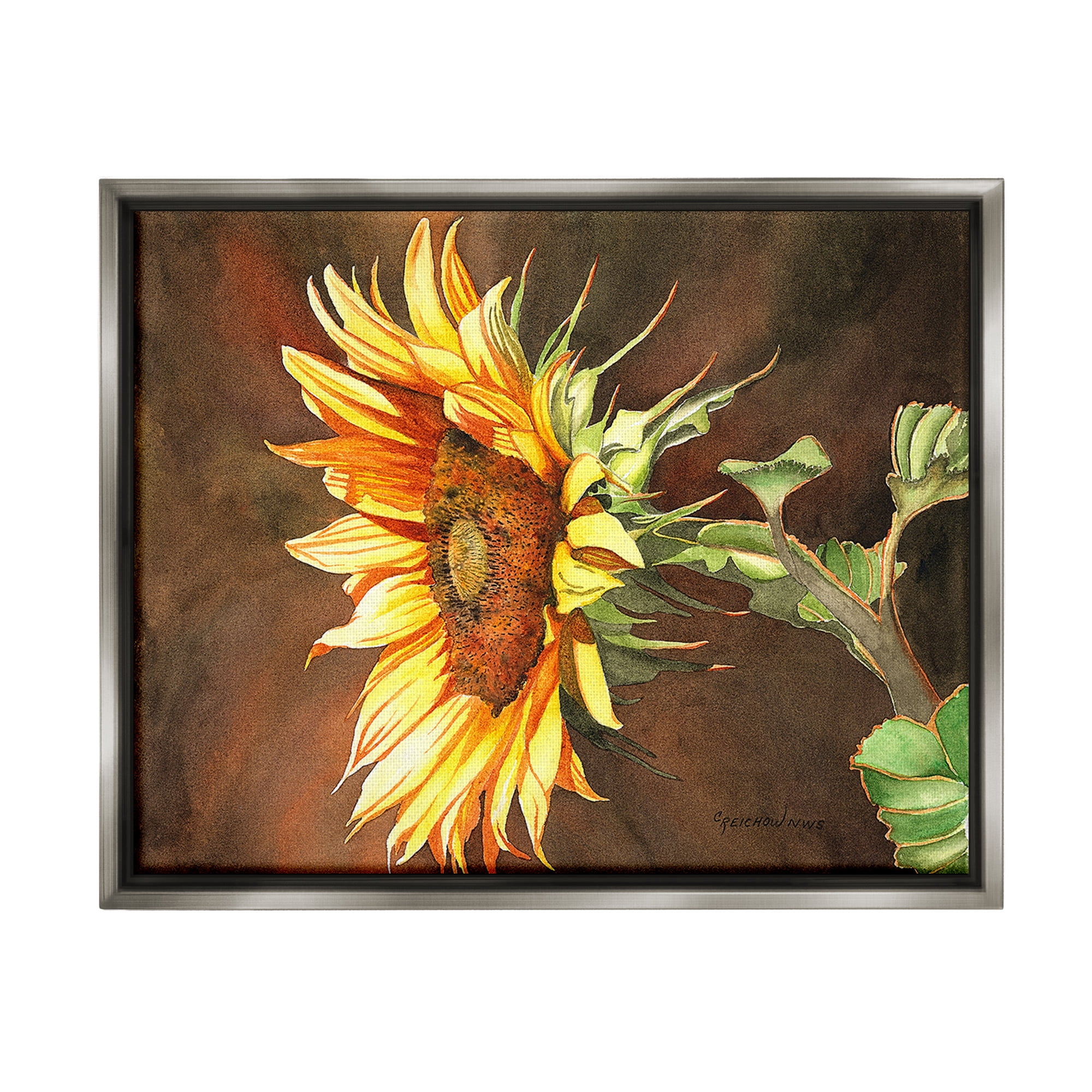 Stupell Industries Sunflower with Vivid Light Botanical & Floral Painting Gray Floater Framed Canvas Art Print Wall Art, 31 x 25