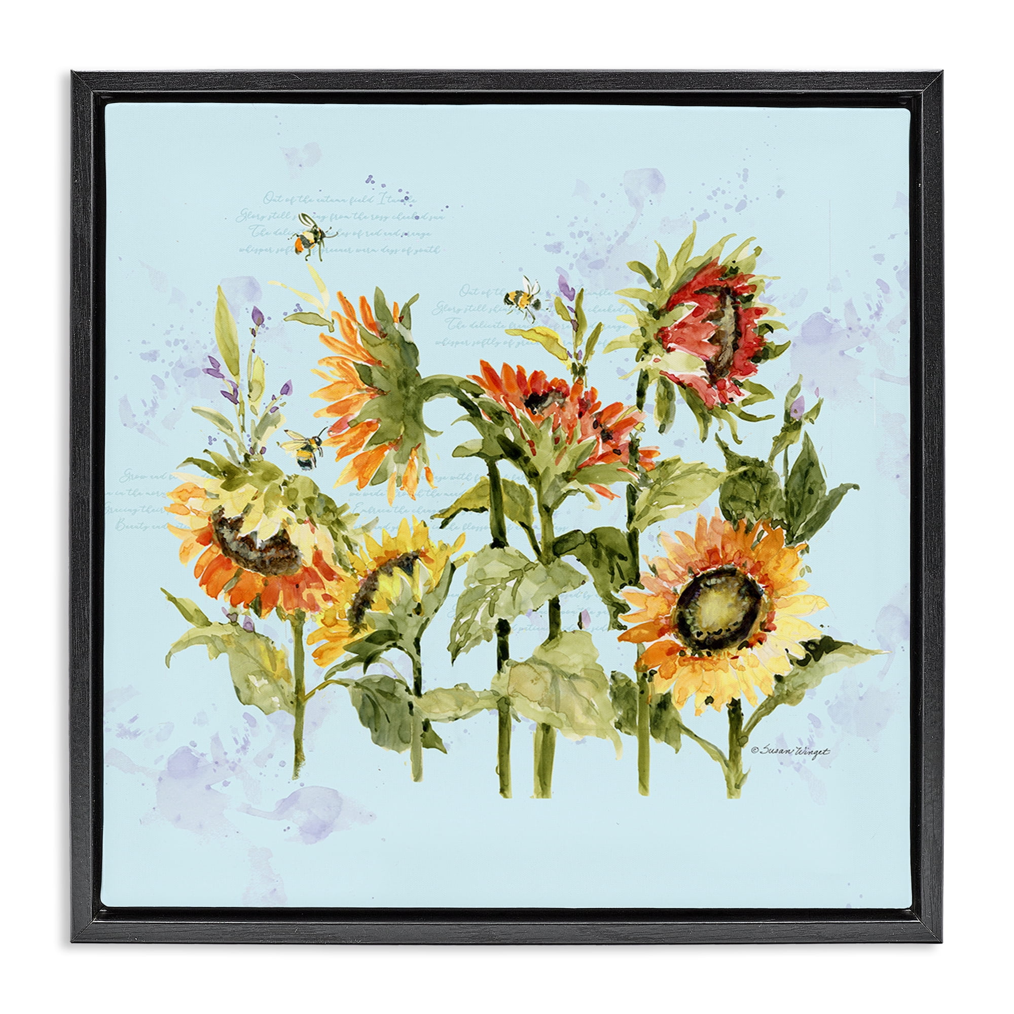 Stupell Industries Sunflowers & Bee on Blue Black Framed Floater Canvas Wall Art, design by Susan Winget