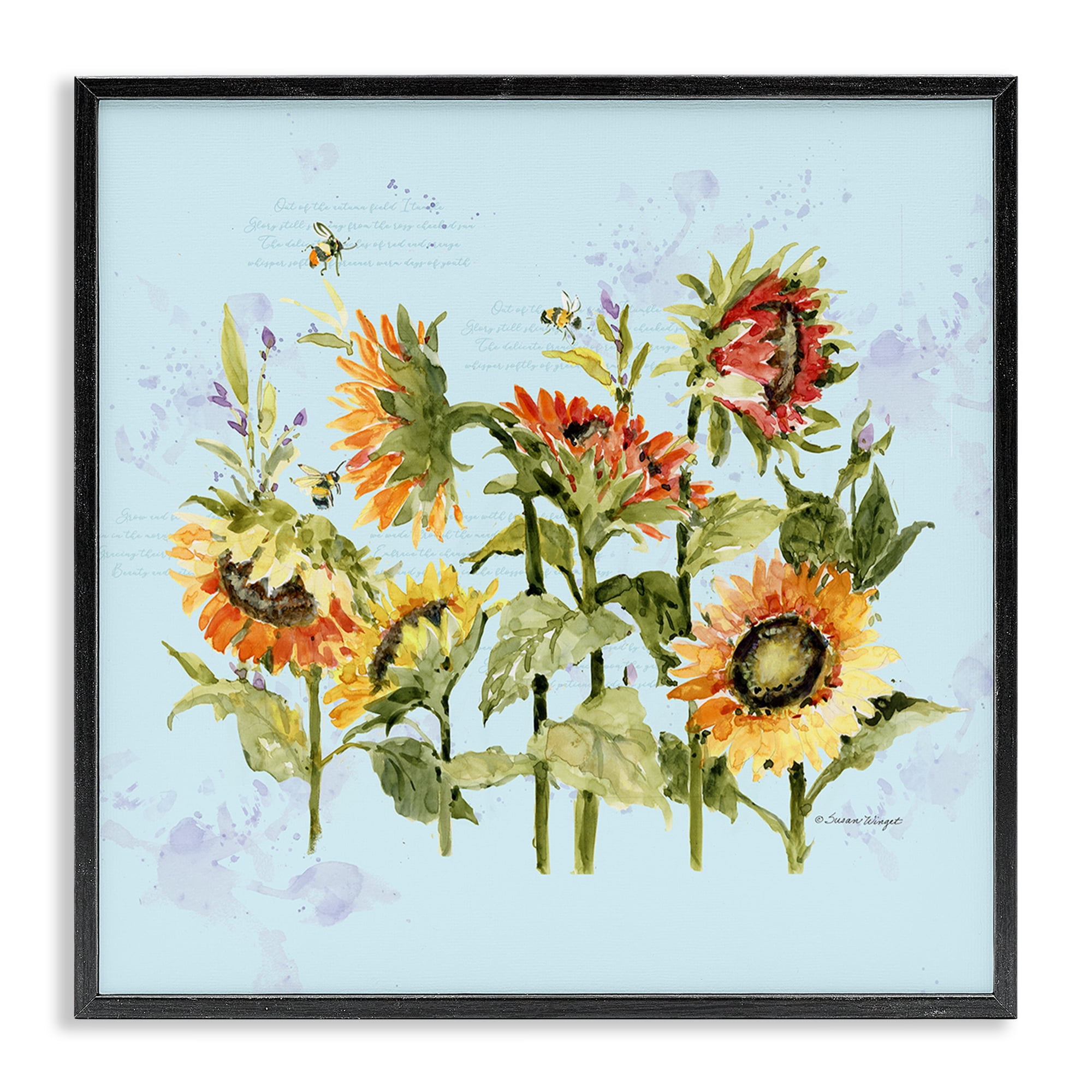 Stupell Industries Sunflowers & Bee on Blue Black Framed Giclee Art, design by Susan Winget