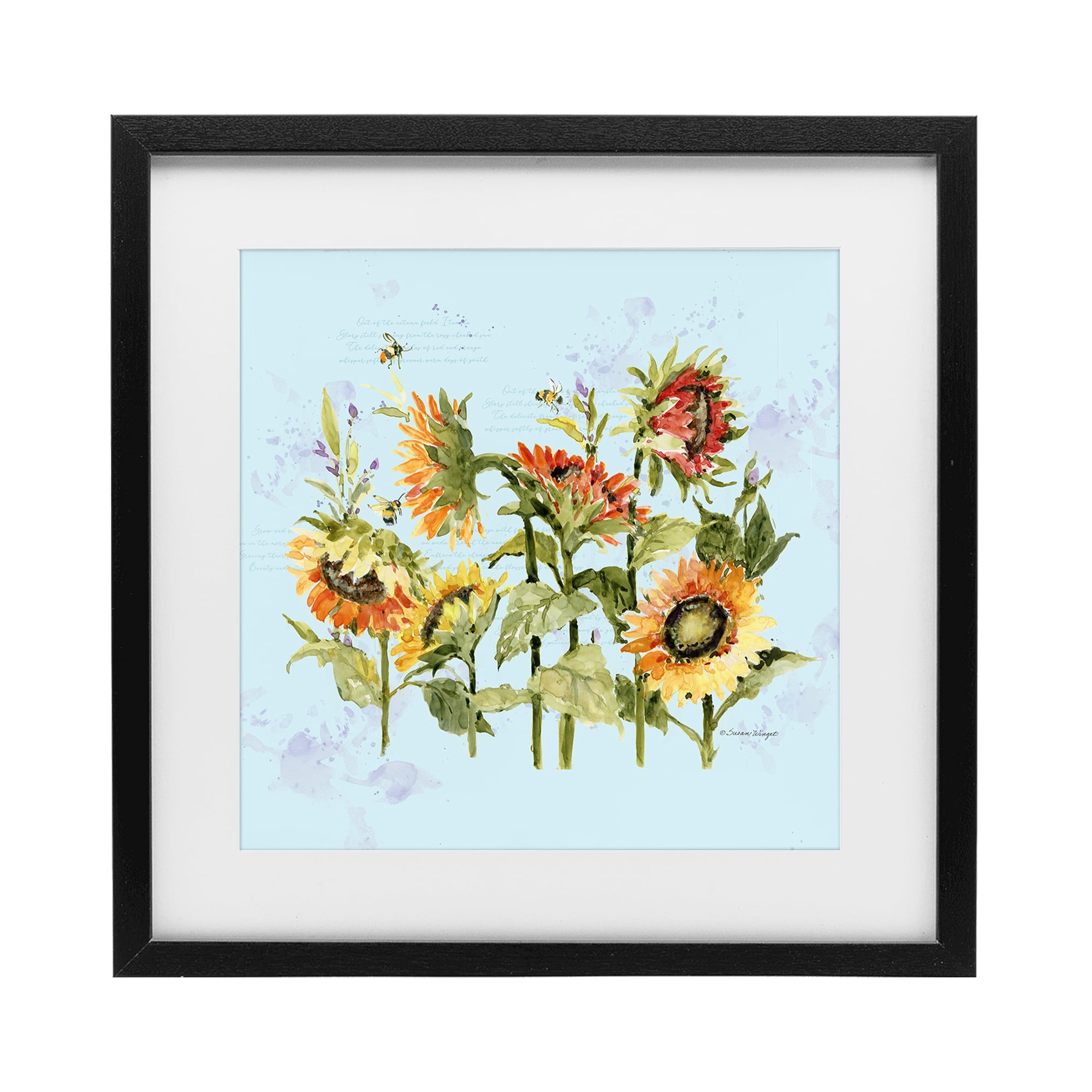 Stupell Industries Sunflowers & Bee on Blue Black Framed Print Under Glass, design by Susan Winget