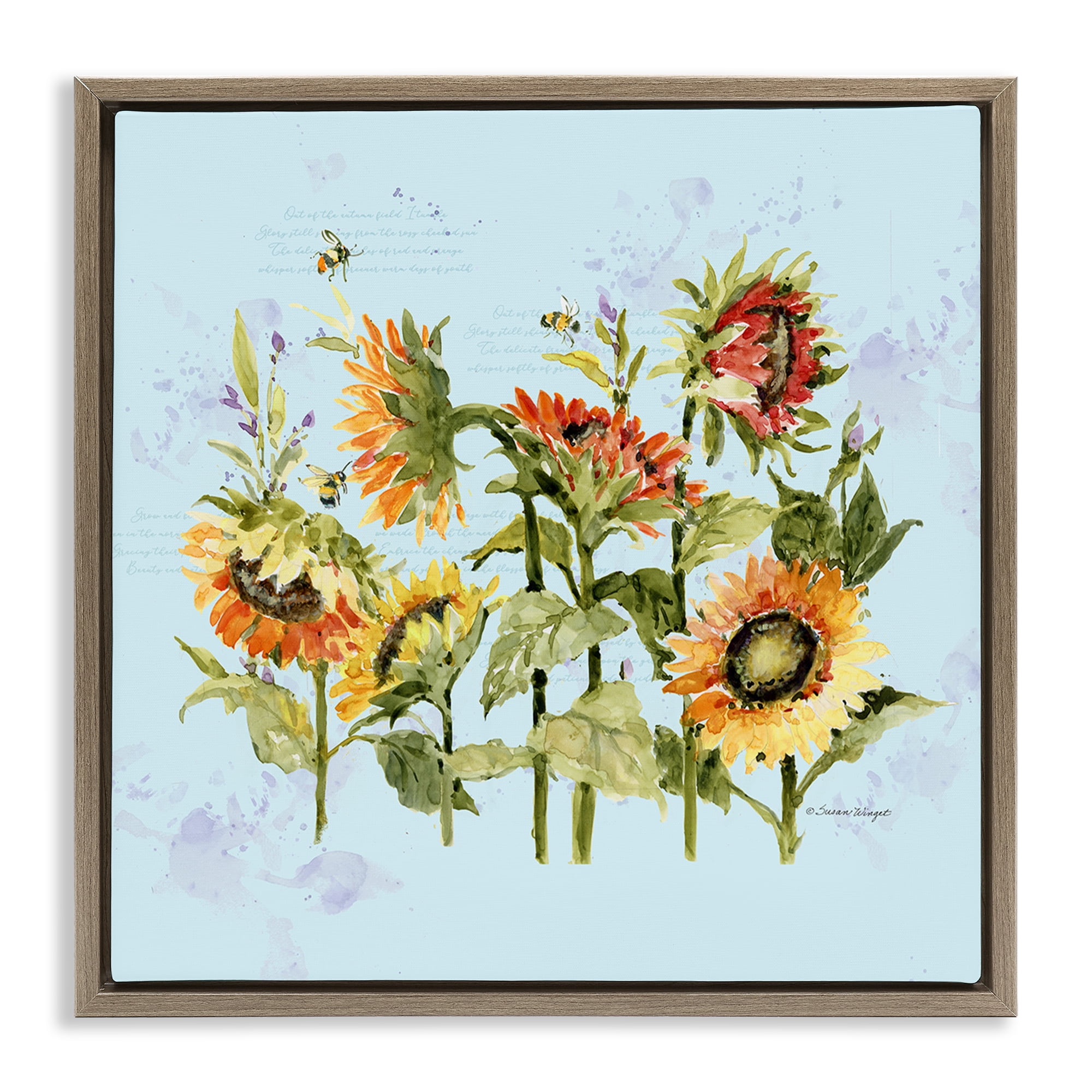 Stupell Industries Sunflowers & Bee on Blue Brown Framed Floater Canvas Wall Art, design by Susan Winget