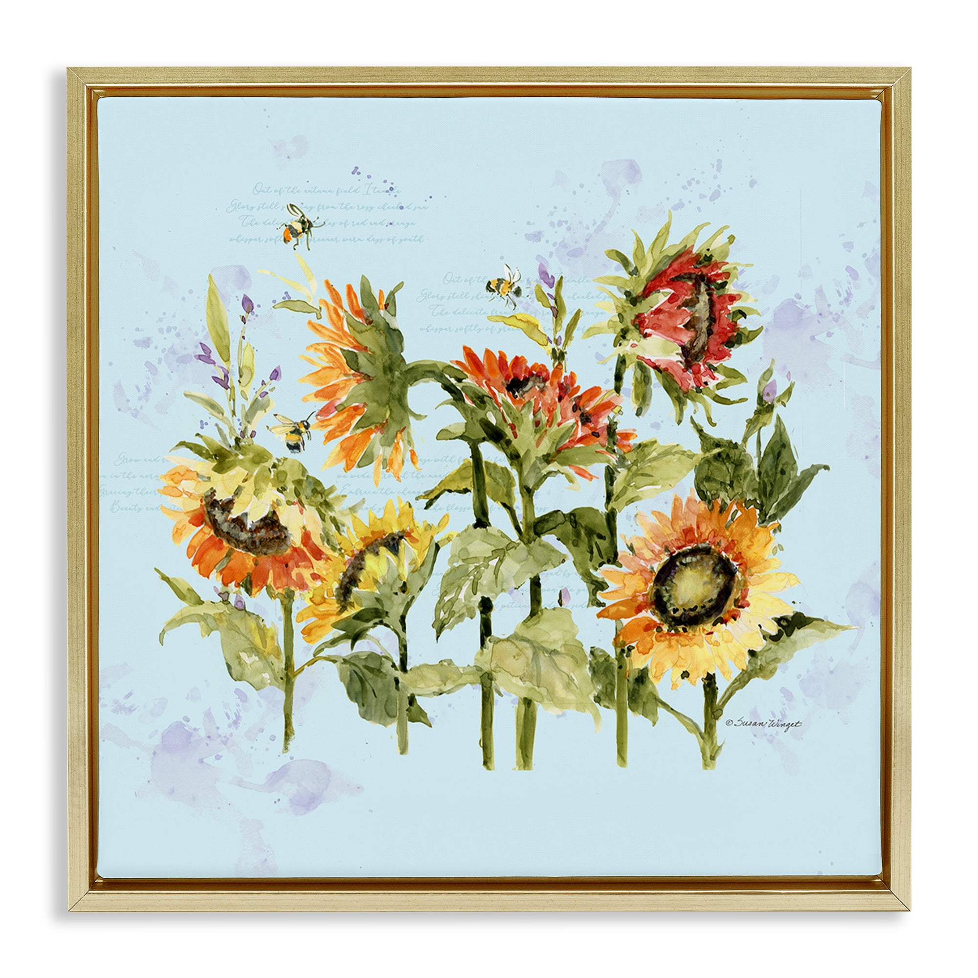 Stupell Industries Sunflowers & Bee on Blue Gold Framed Floater Canvas Wall Art, design by Susan Winget