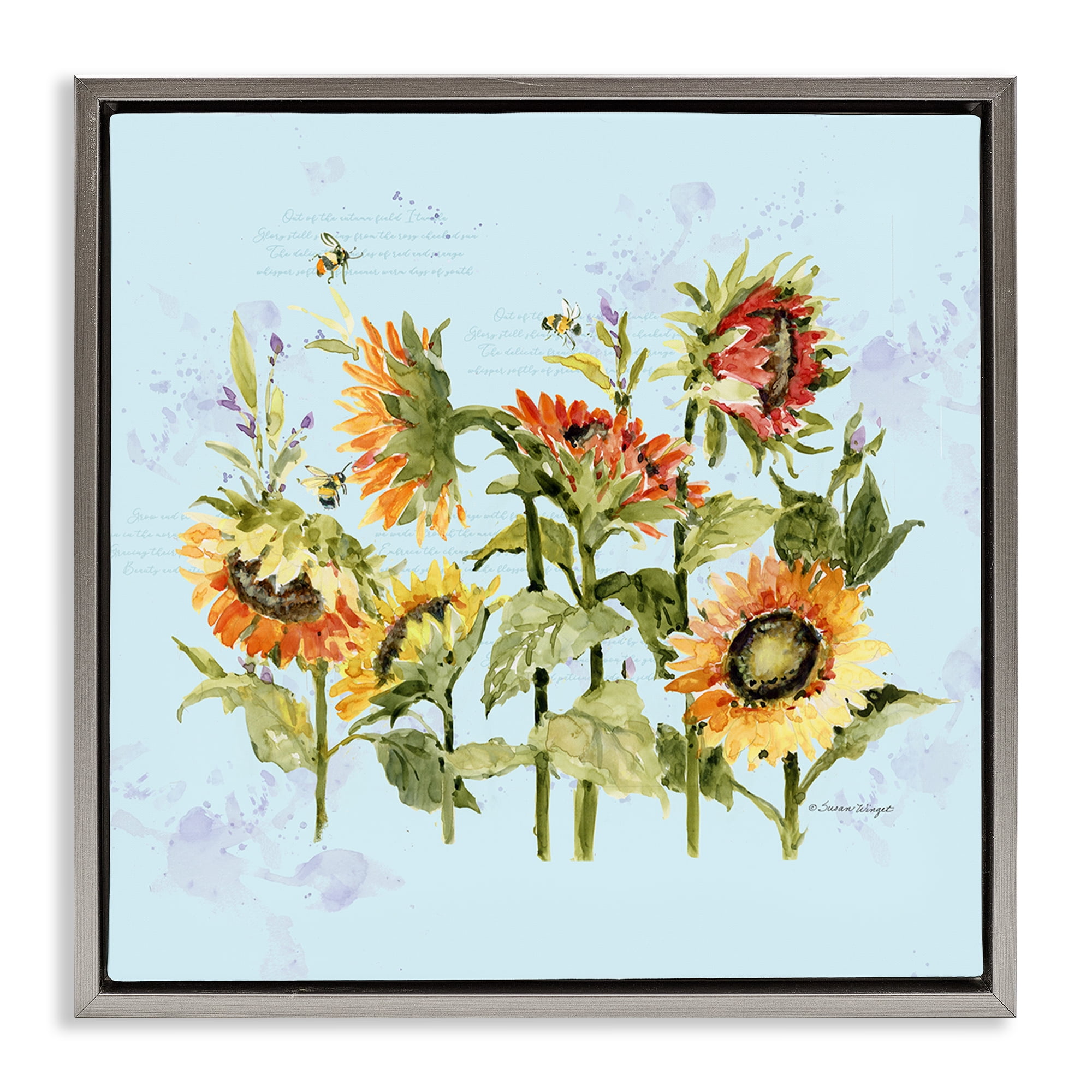 Stupell Industries Sunflowers & Bee on Blue Gray Framed Floater Canvas Wall Art, design by Susan Winget