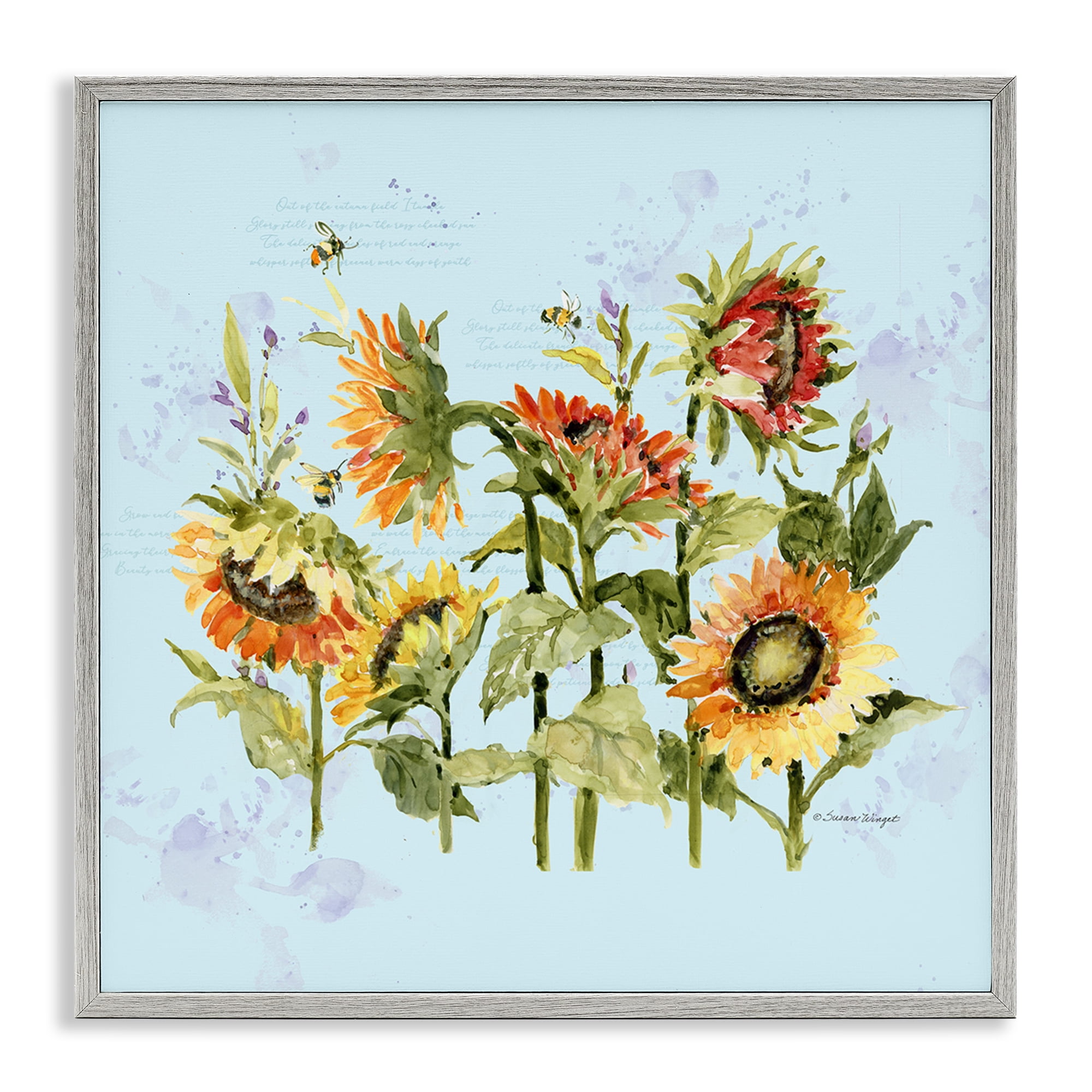 Stupell Industries Sunflowers & Bee on Blue Gray Framed Giclee Art, design by Susan Winget
