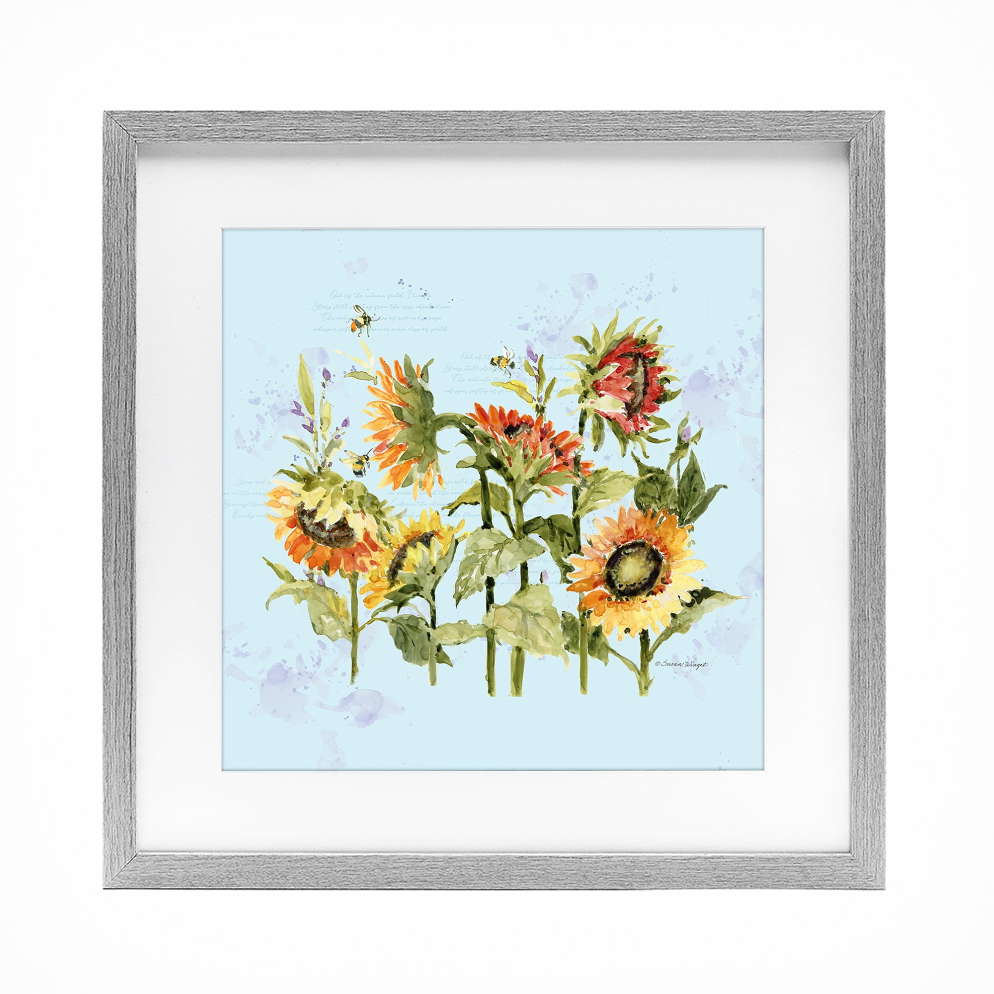 Stupell Industries Sunflowers & Bee on Blue Gray Framed Print Under Glass, design by Susan Winget
