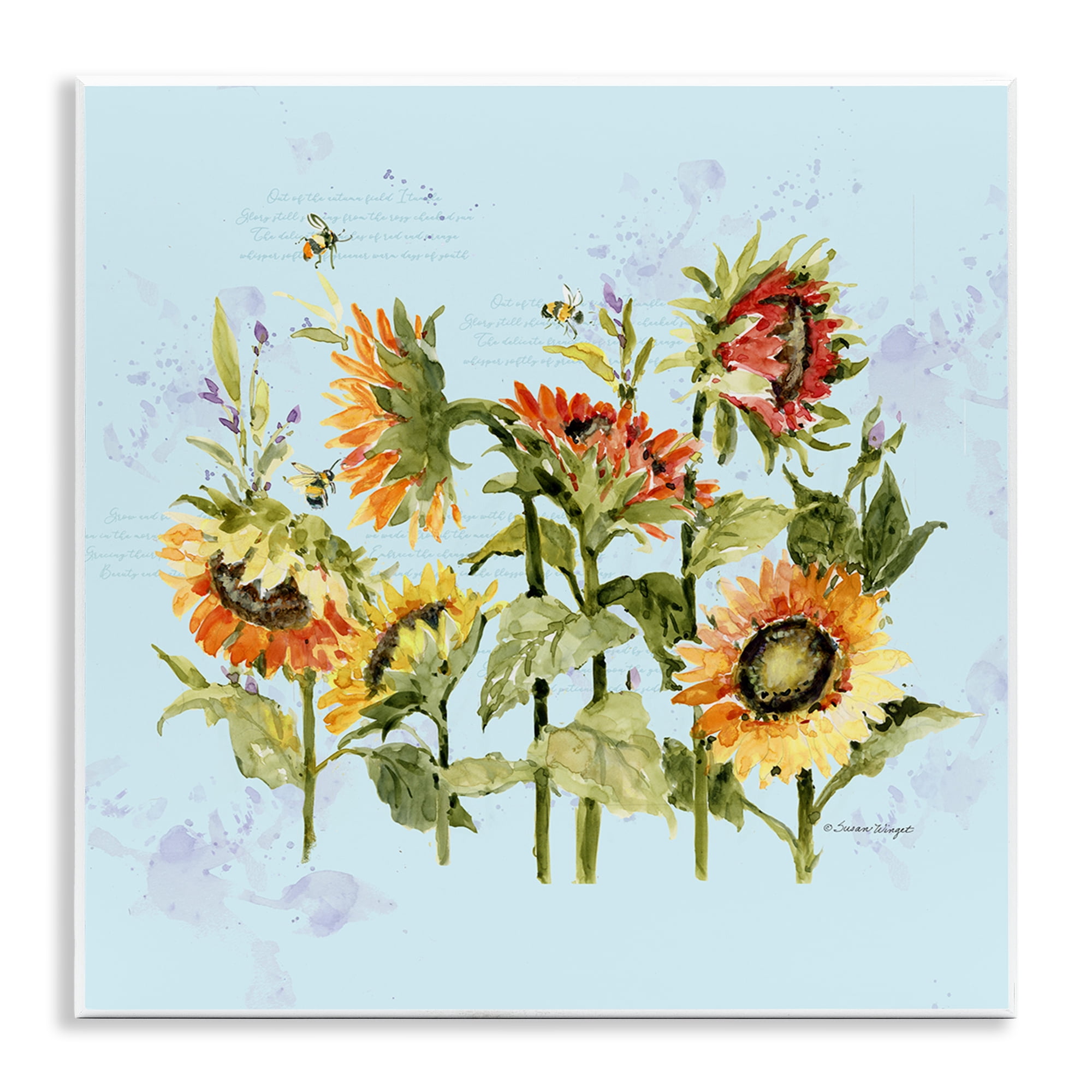 Stupell Industries Sunflowers & Bee on Blue Wall Plaque Art, design by Susan Winget