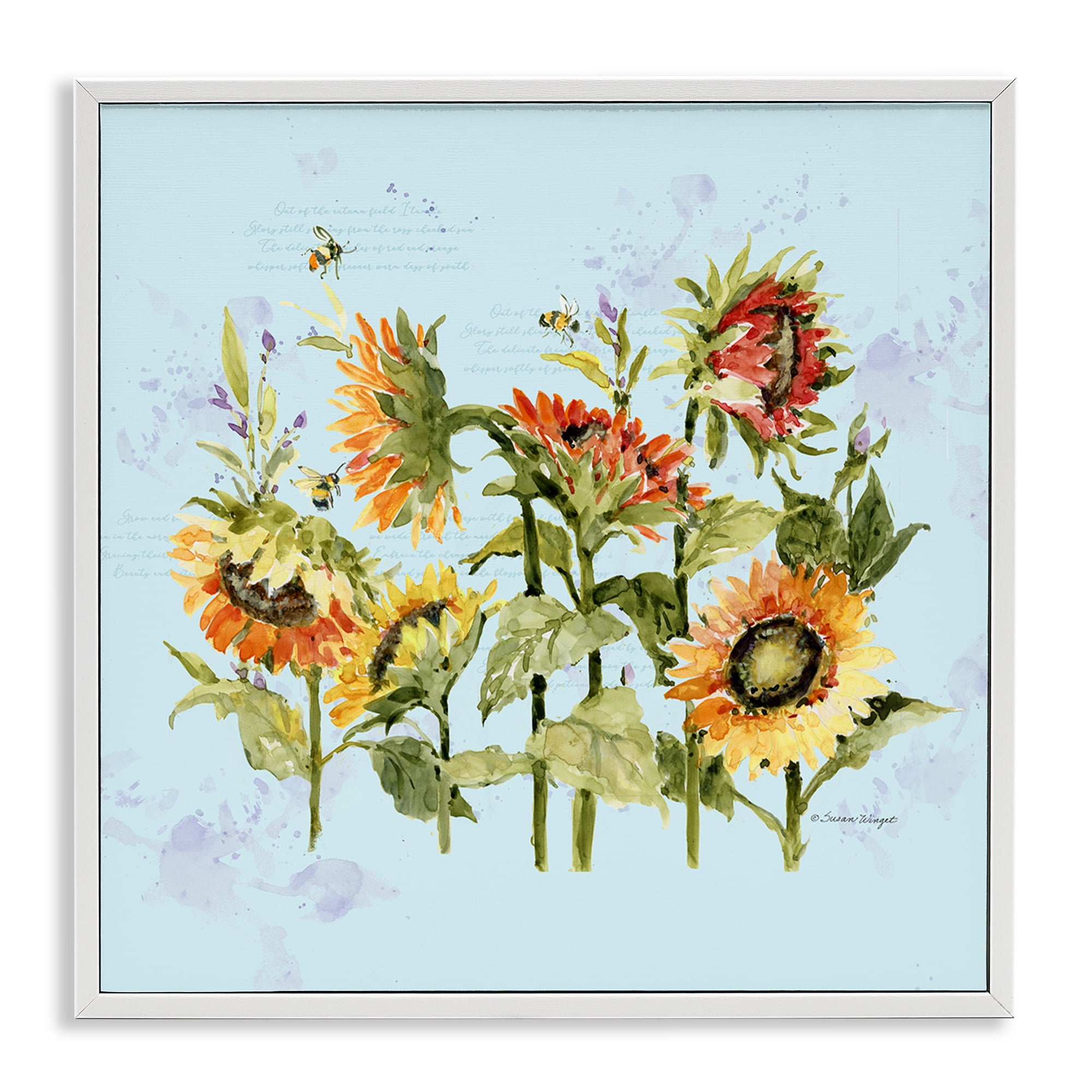 Stupell Industries Sunflowers & Bee on Blue White Framed Giclee Art, design by Susan Winget