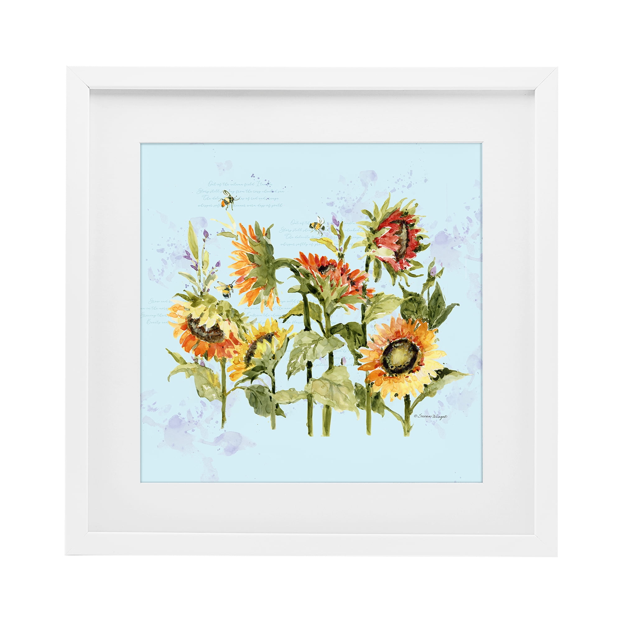 Stupell Industries Sunflowers & Bee on Blue White Framed Print Under Glass, design by Susan Winget