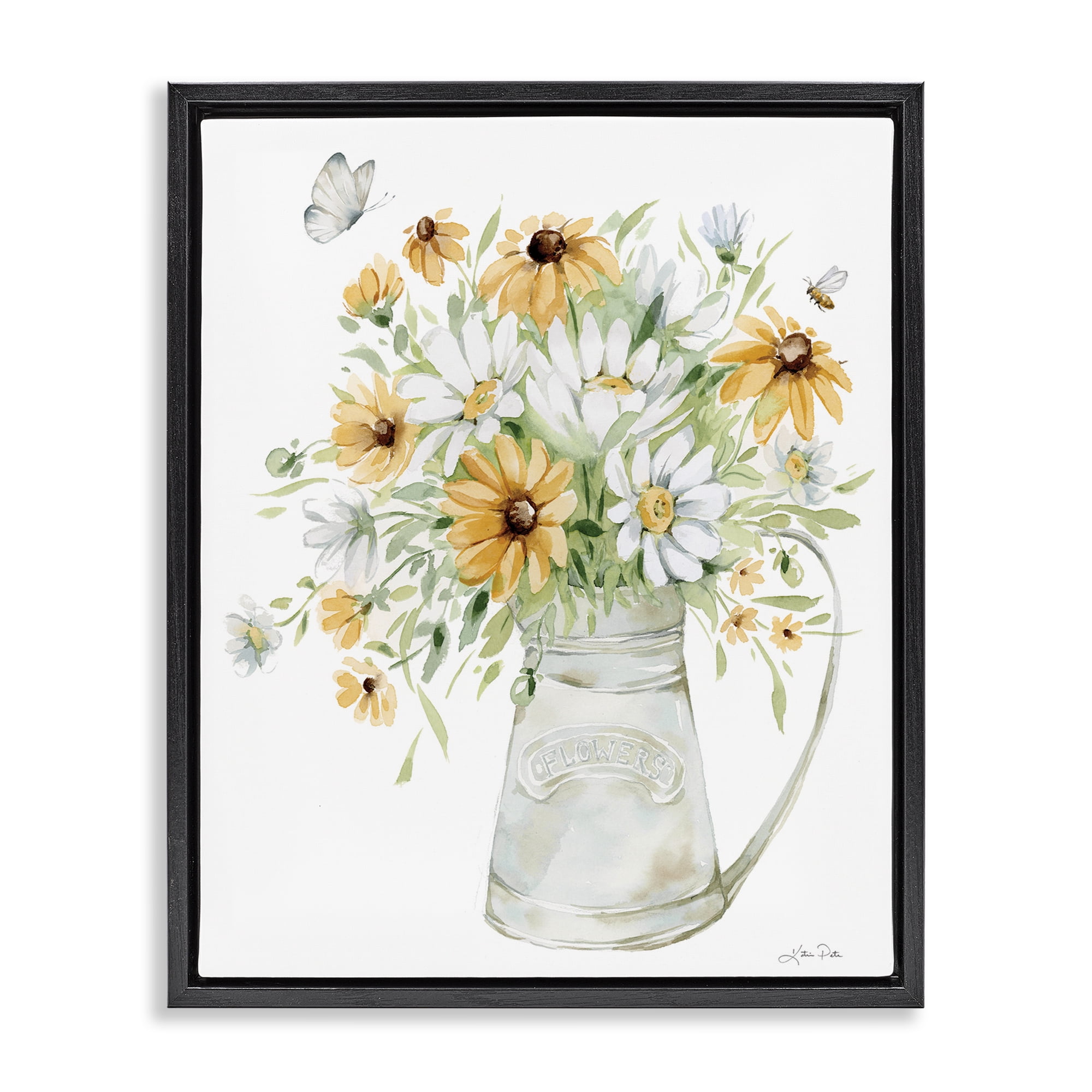 Stupell Industries Sunflowers & Daisies Vase Botanical & Floral Painting Black Floater Framed Art Print Wall Art, 17 x 21