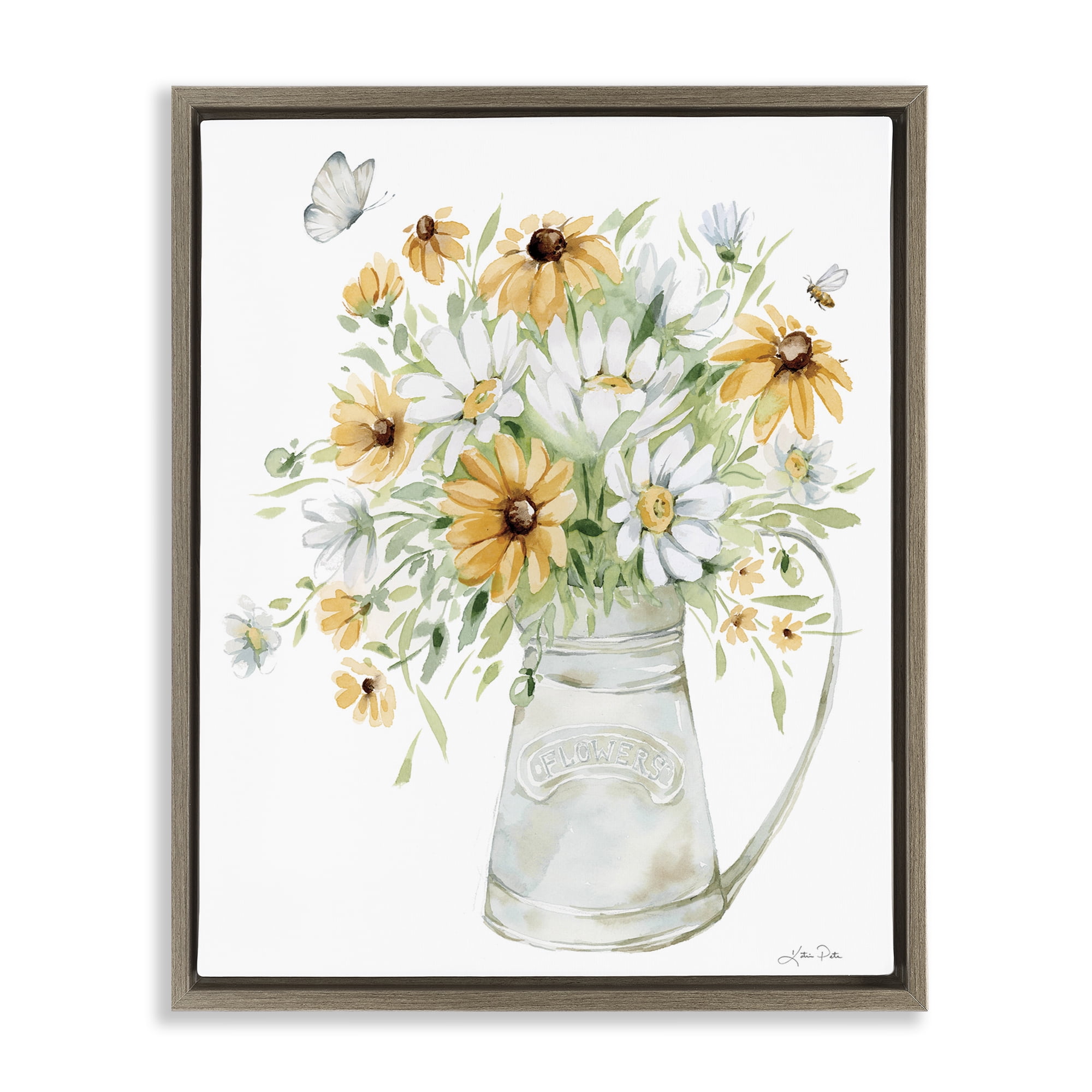 Stupell Industries Sunflowers & Daisies Vase Botanical & Floral Painting Brown Floater Framed Art Print Wall Art, 17 x 21