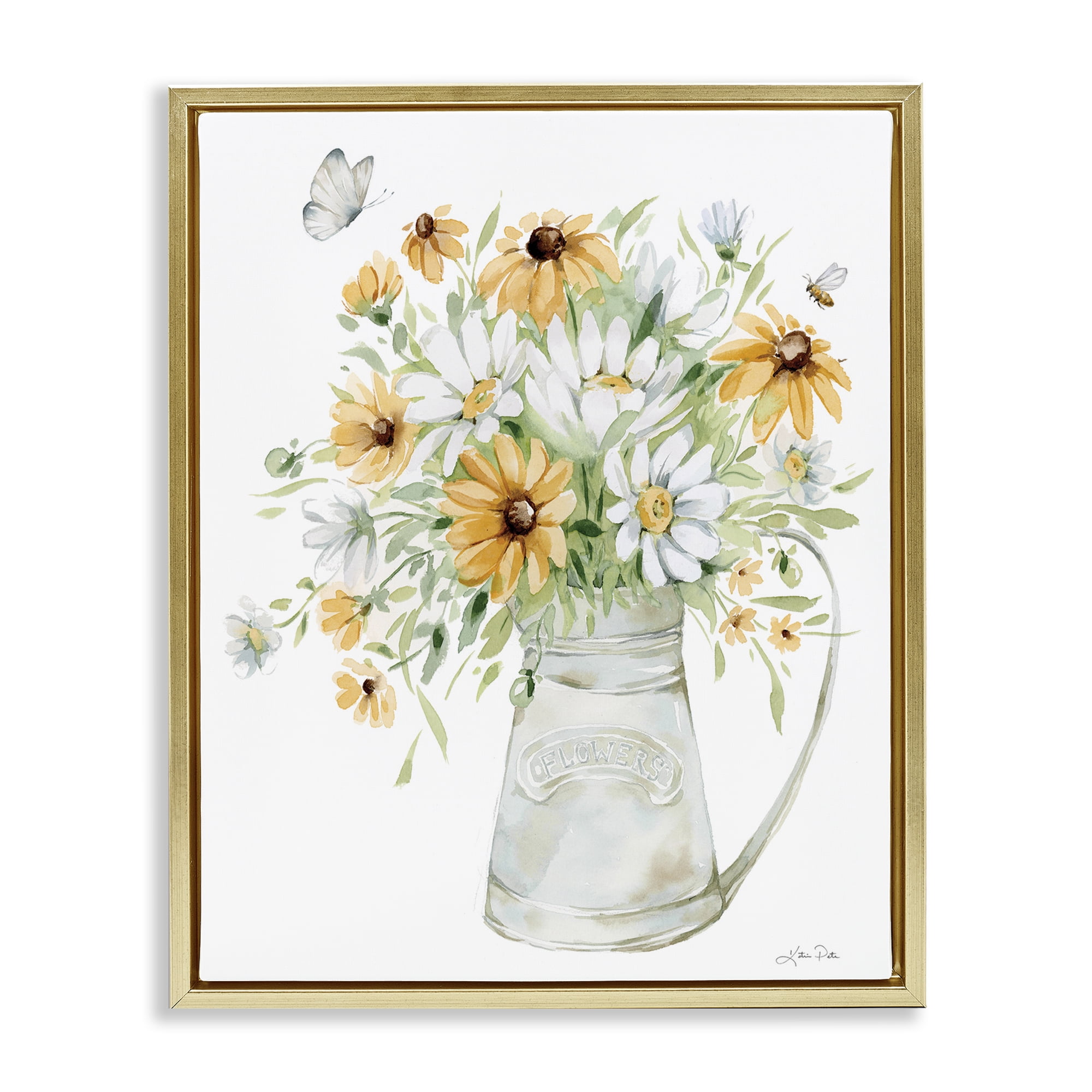 Stupell Industries Sunflowers & Daisies Vase Botanical & Floral Painting Gold Floater Framed Art Print Wall Art, 17 x 21