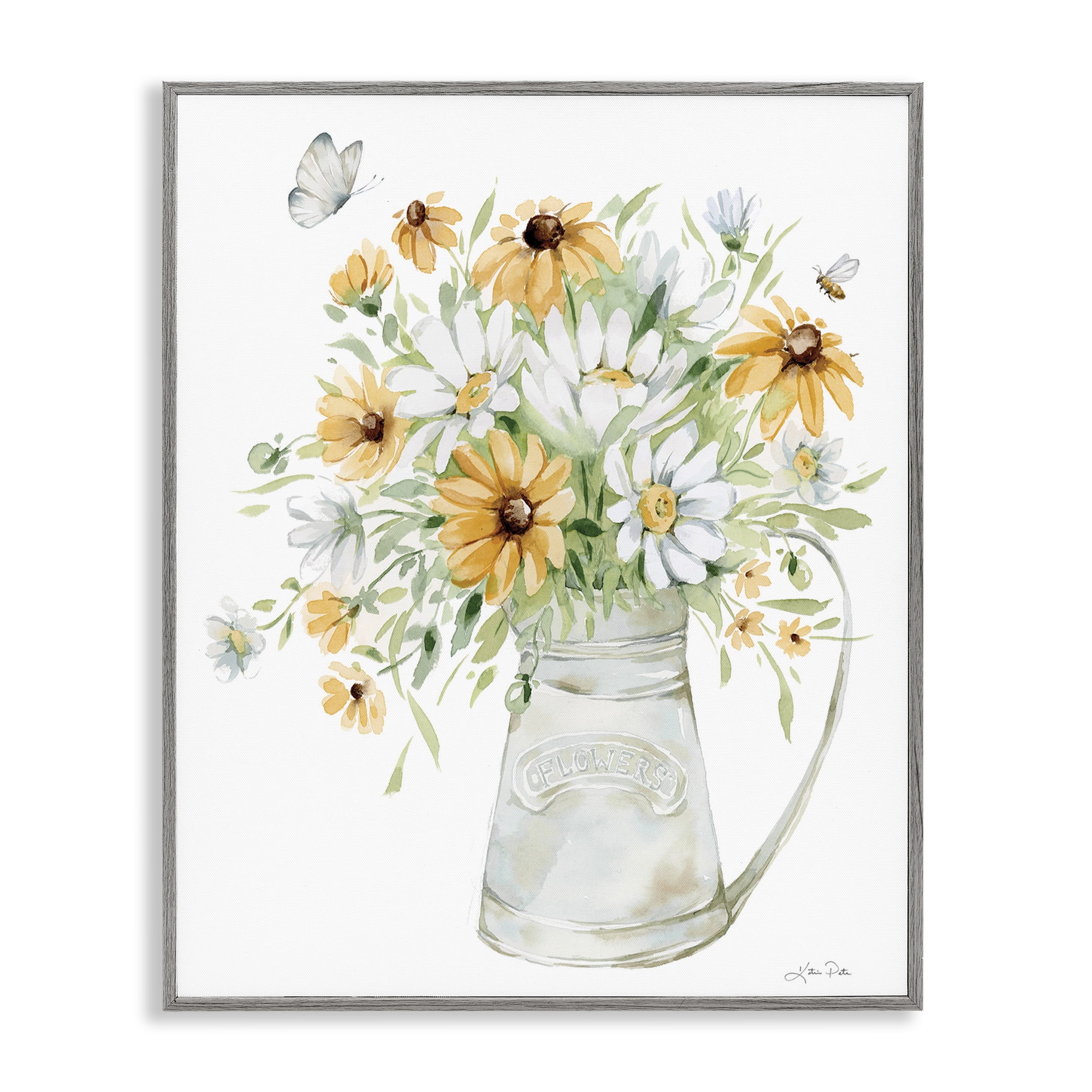 Stupell Industries Sunflowers & Daisies Vase Botanical & Floral Painting Gray Framed Art Print Wall Art, 11 x 14