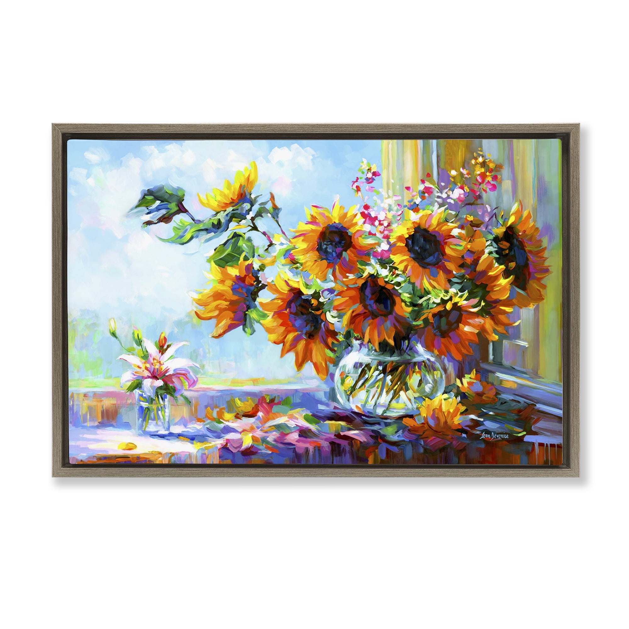 Stupell Industries Sunflowers Morning Glory Botanical & Floral Painting Brown Floater Framed Art Print Wall Art, 25 x 17