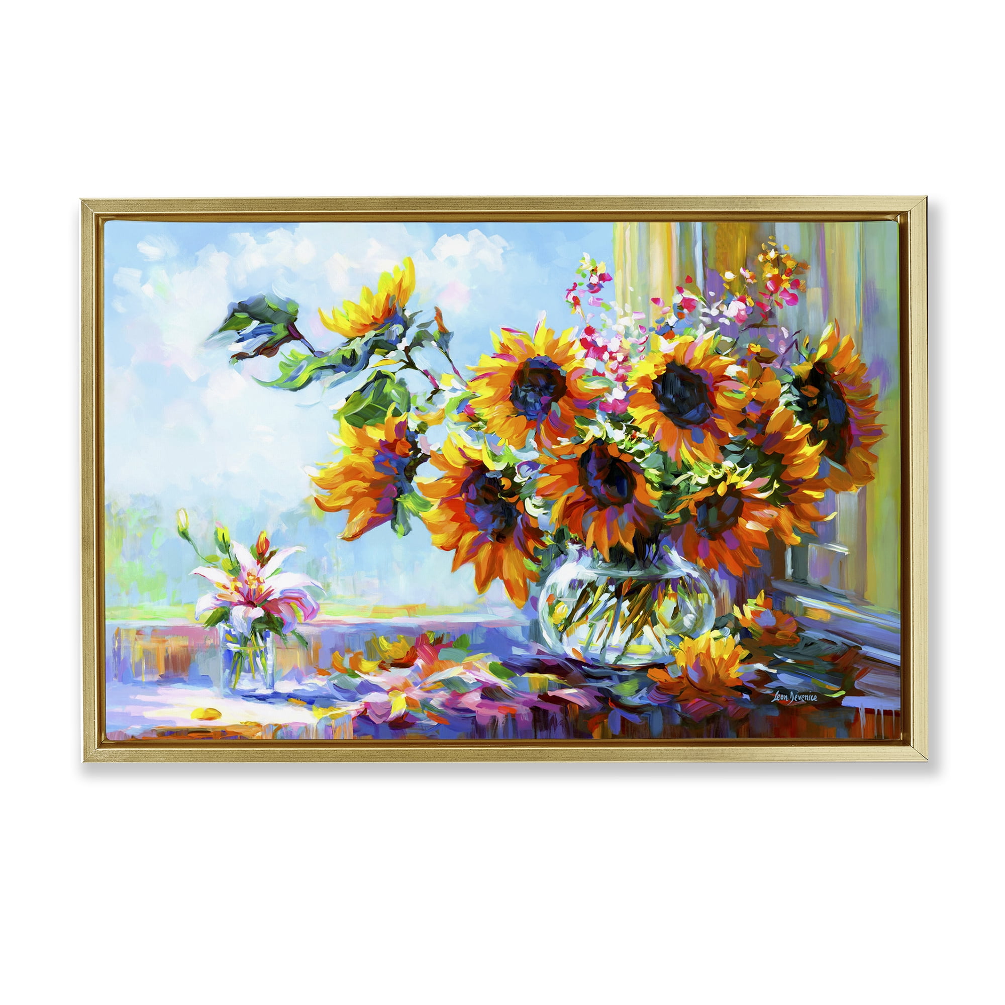 Stupell Industries Sunflowers Morning Glory Botanical & Floral Painting Gold Floater Framed Art Print Wall Art, 25 x 17