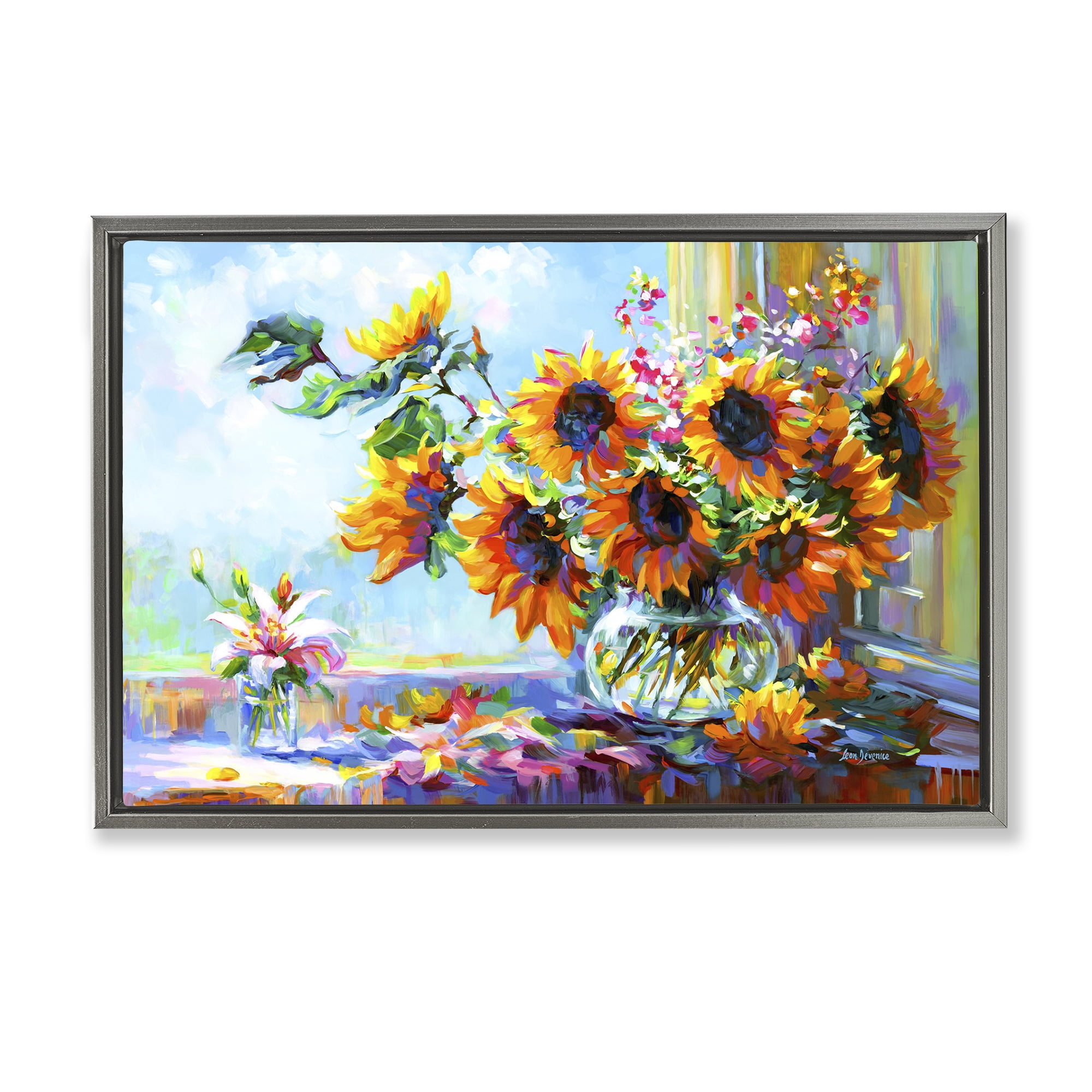 Stupell Industries Sunflowers Morning Glory Botanical & Floral Painting Gray Floater Framed Art Print Wall Art, 31 x 21