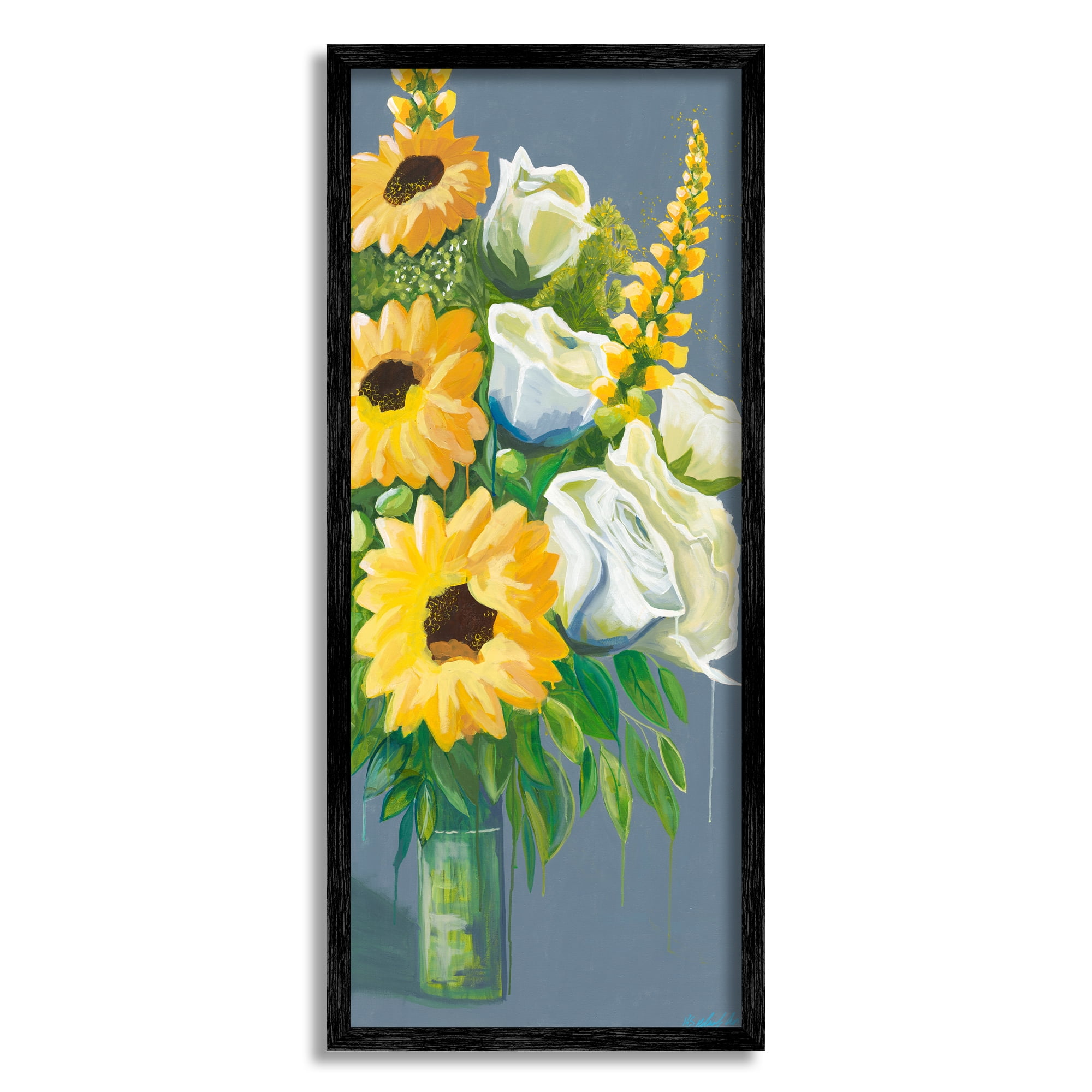 Stupell Industries Sunflowers & White Roses Botanical & Floral Painting Black Framed Art Print Wall Art, 13 x 30