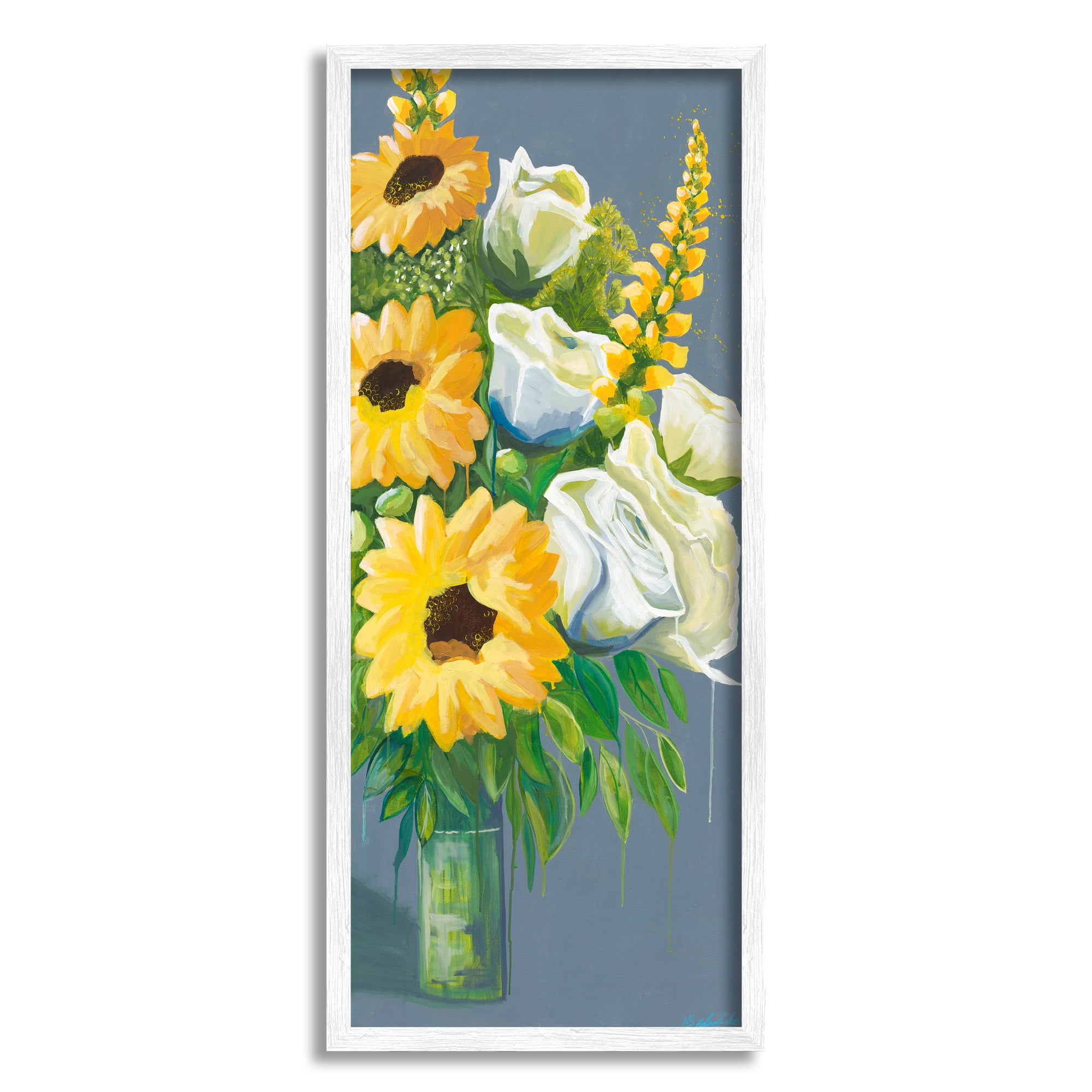 Stupell Industries Sunflowers & White Roses Botanical & Floral Painting White Framed Art Print Wall Art, 13 x 30