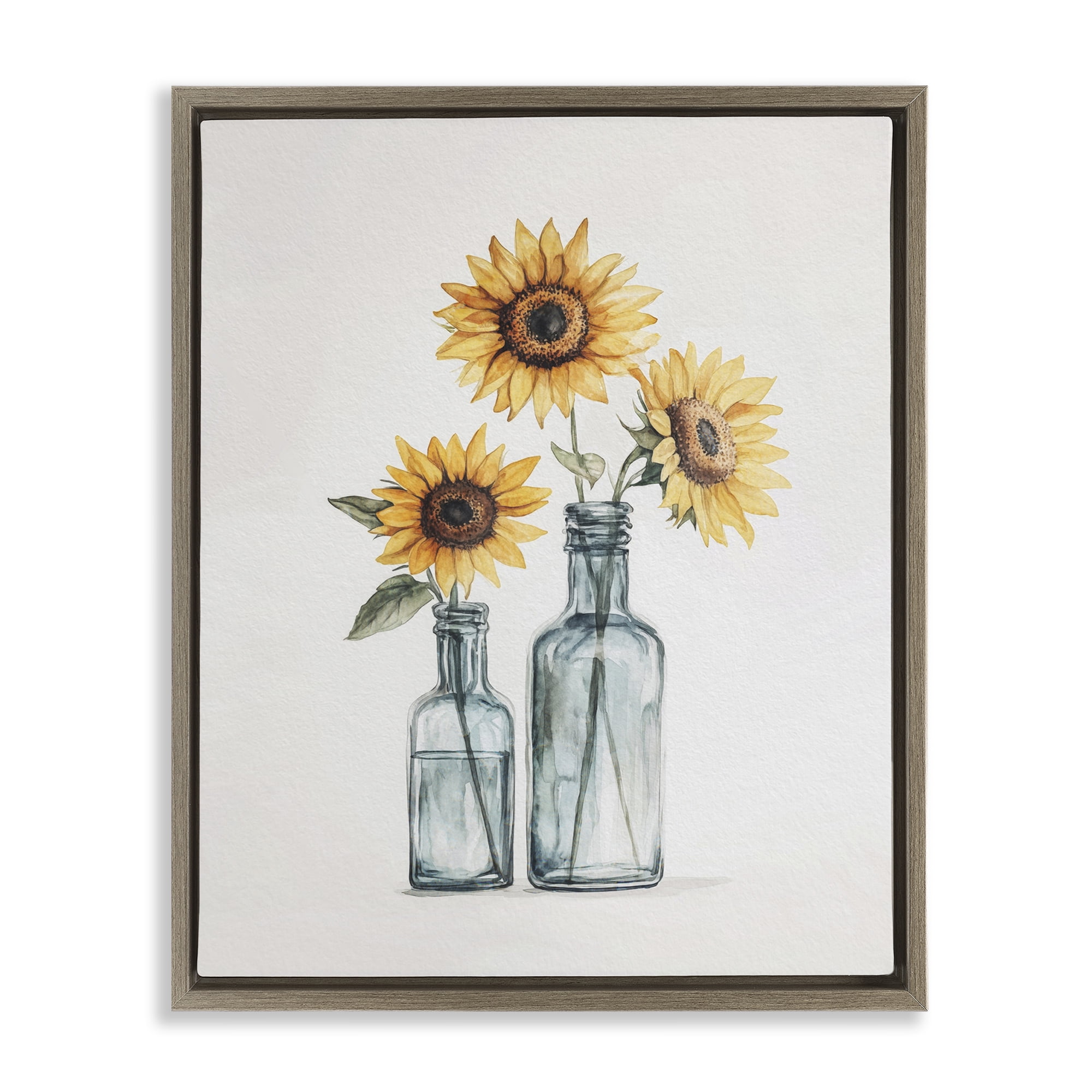 Stupell Industries Sunflowers in Bottles Trio Plants & Flowers Painting Brown Floater Framed Canvas Art Print Wall Art, 25 x 31