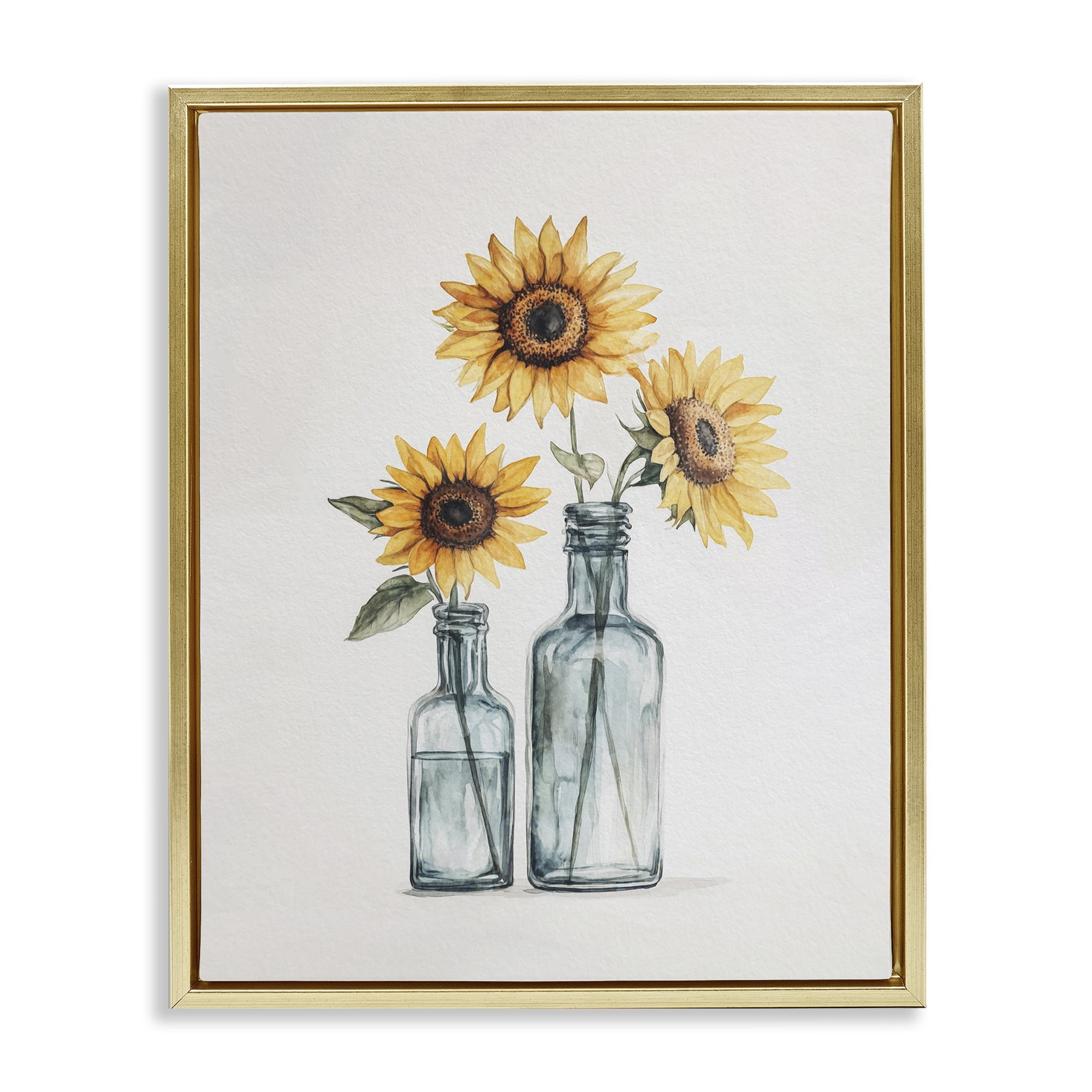 Stupell Industries Sunflowers in Bottles Trio Plants & Flowers Painting Gold Floater Framed Canvas Art Print Wall Art, 25 x 31