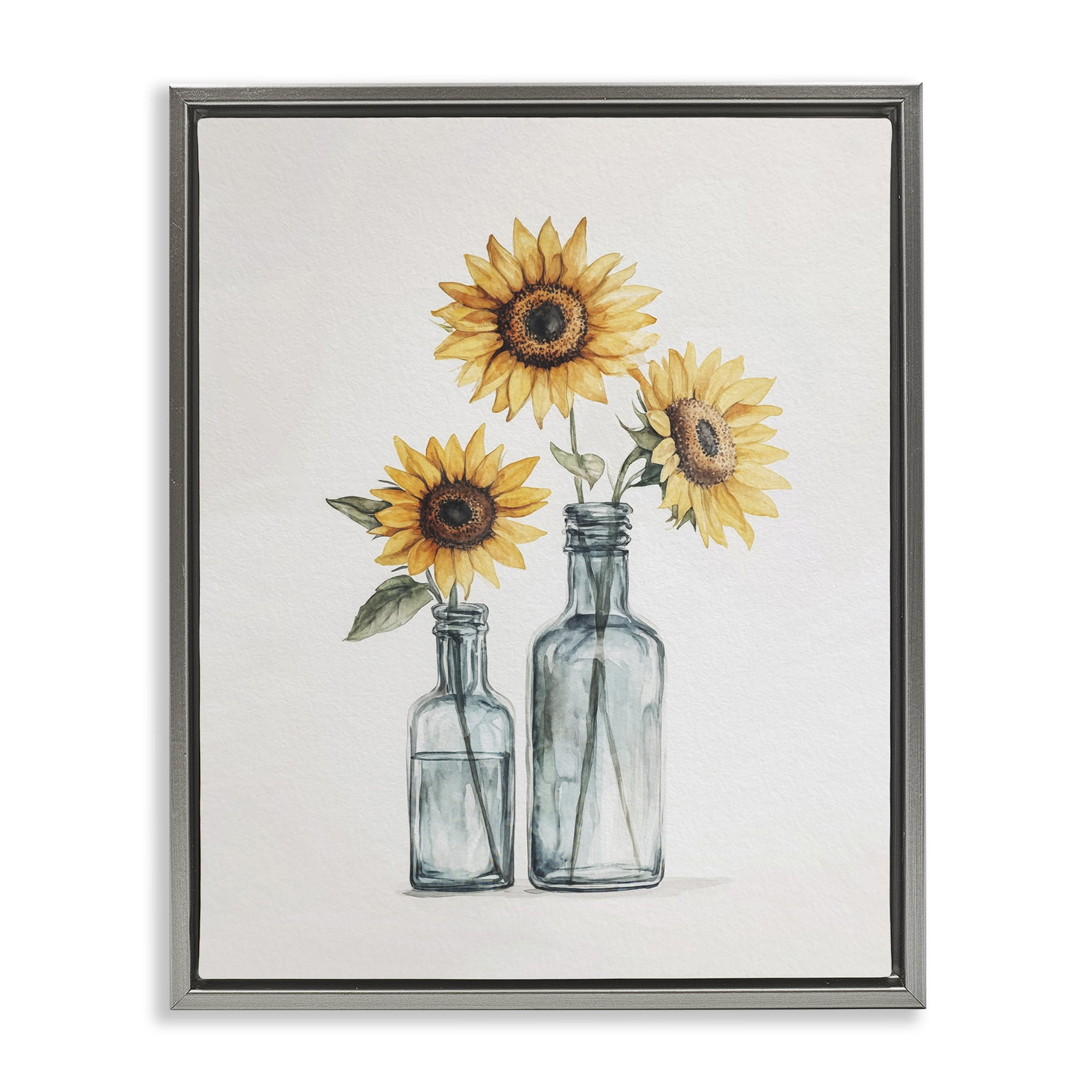 Stupell Industries Sunflowers in Bottles Trio Plants & Flowers Painting Gray Floater Framed Canvas Art Print Wall Art, 25 x 31