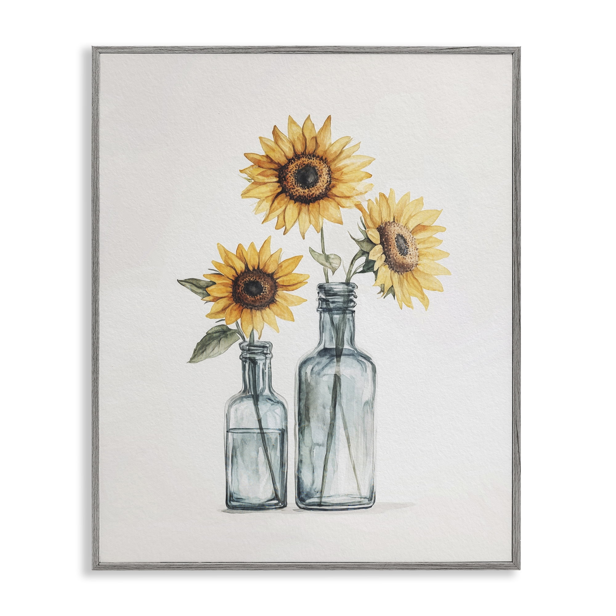 Stupell Industries Sunflowers in Bottles Trio Plants & Flowers Painting Gray Framed Art Print Wall Art, 16 x 20