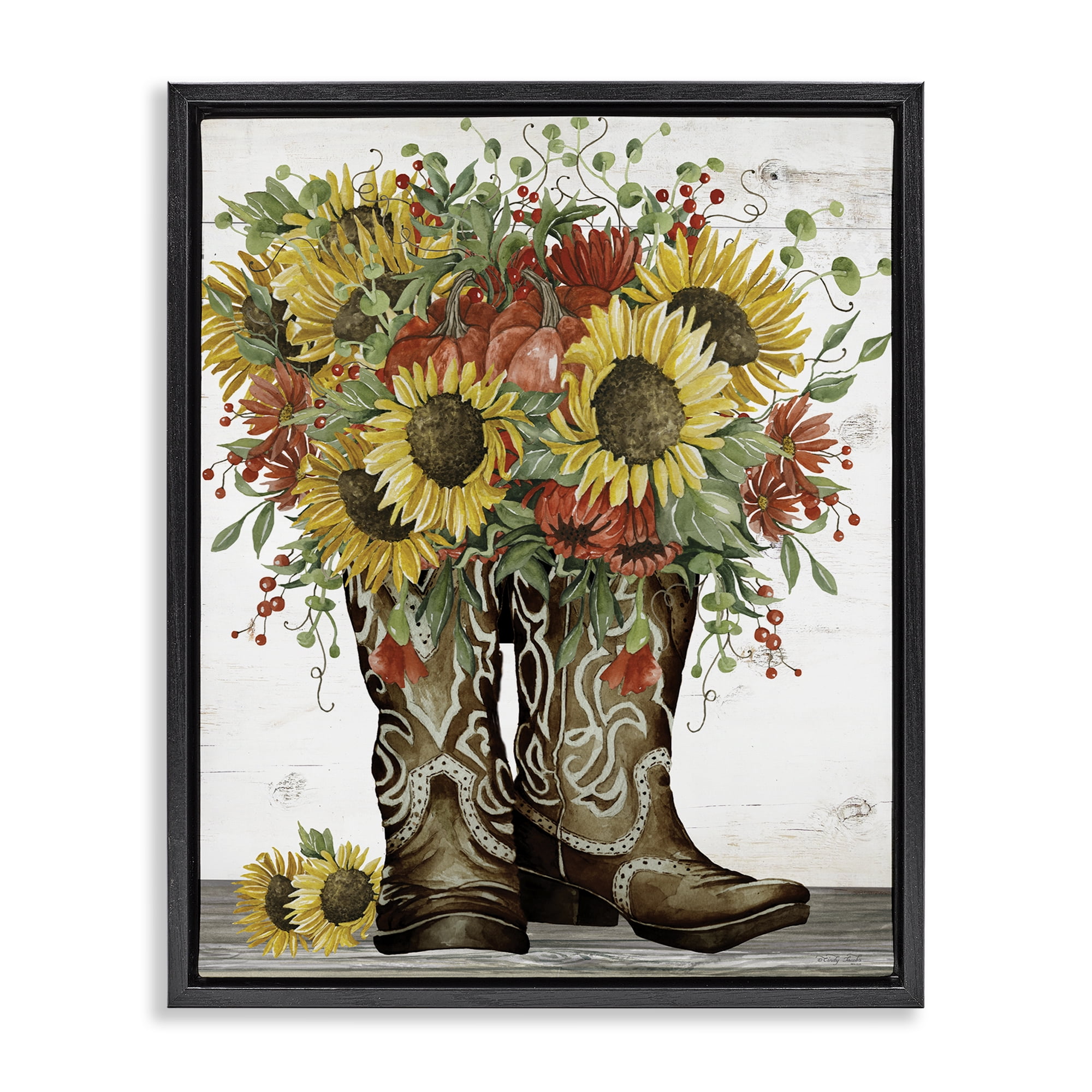 Stupell Industries Sunflowers in Western Boots Plants & Flowers Painting Black Floater Framed Canvas Art Print Wall Art, 25 x 31