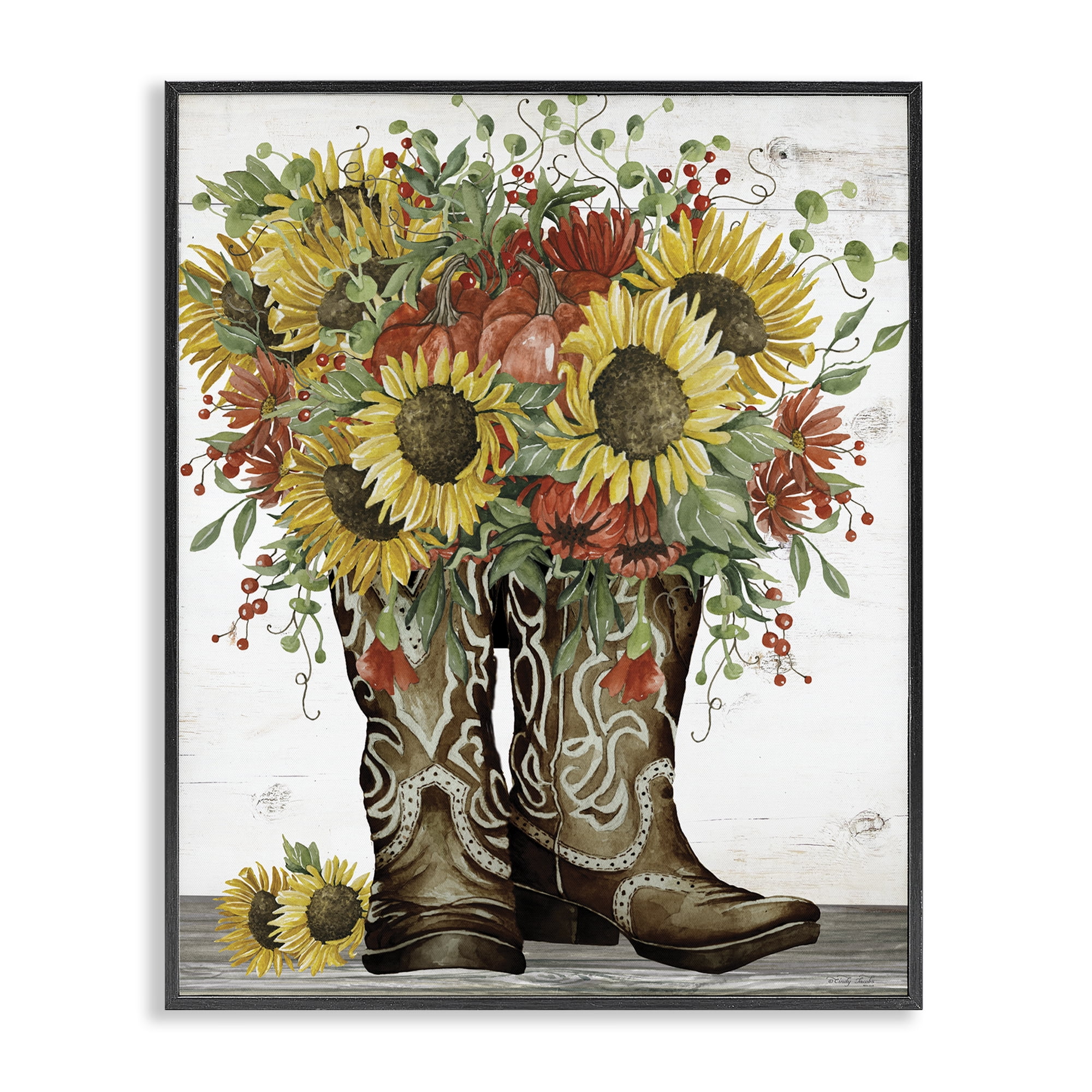 Stupell Industries Sunflowers in Western Boots Plants & Flowers Painting Black Framed Art Print Wall Art, 16 x 20