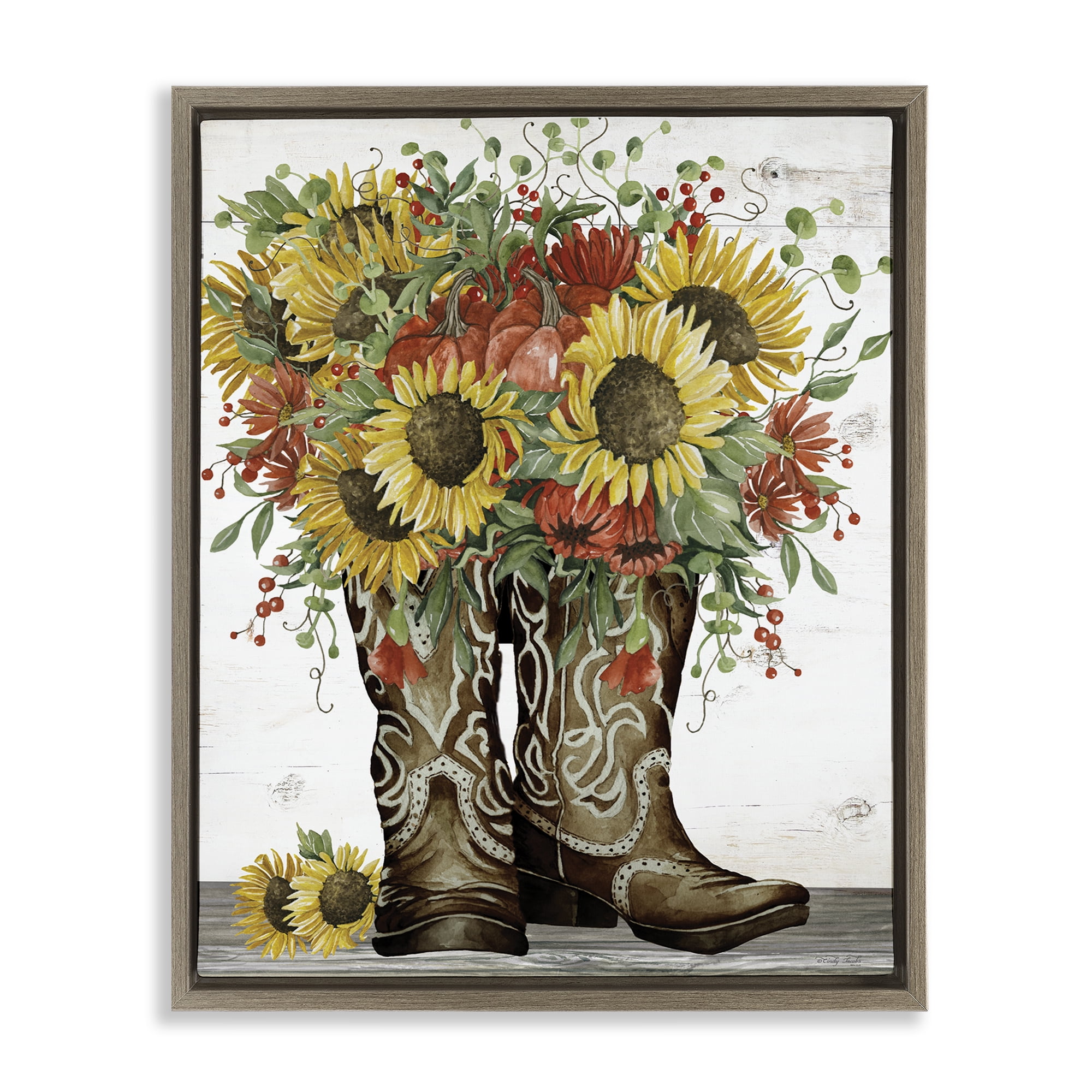 Stupell Industries Sunflowers in Western Boots Plants & Flowers Painting Brown Floater Framed Canvas Art Print Wall Art, 25 x 31