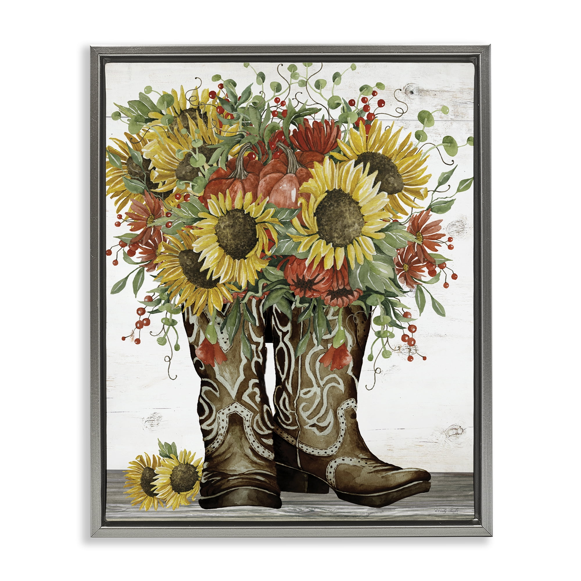 Stupell Industries Sunflowers in Western Boots Plants & Flowers Painting Gray Floater Framed Canvas Art Print Wall Art, 25 x 31