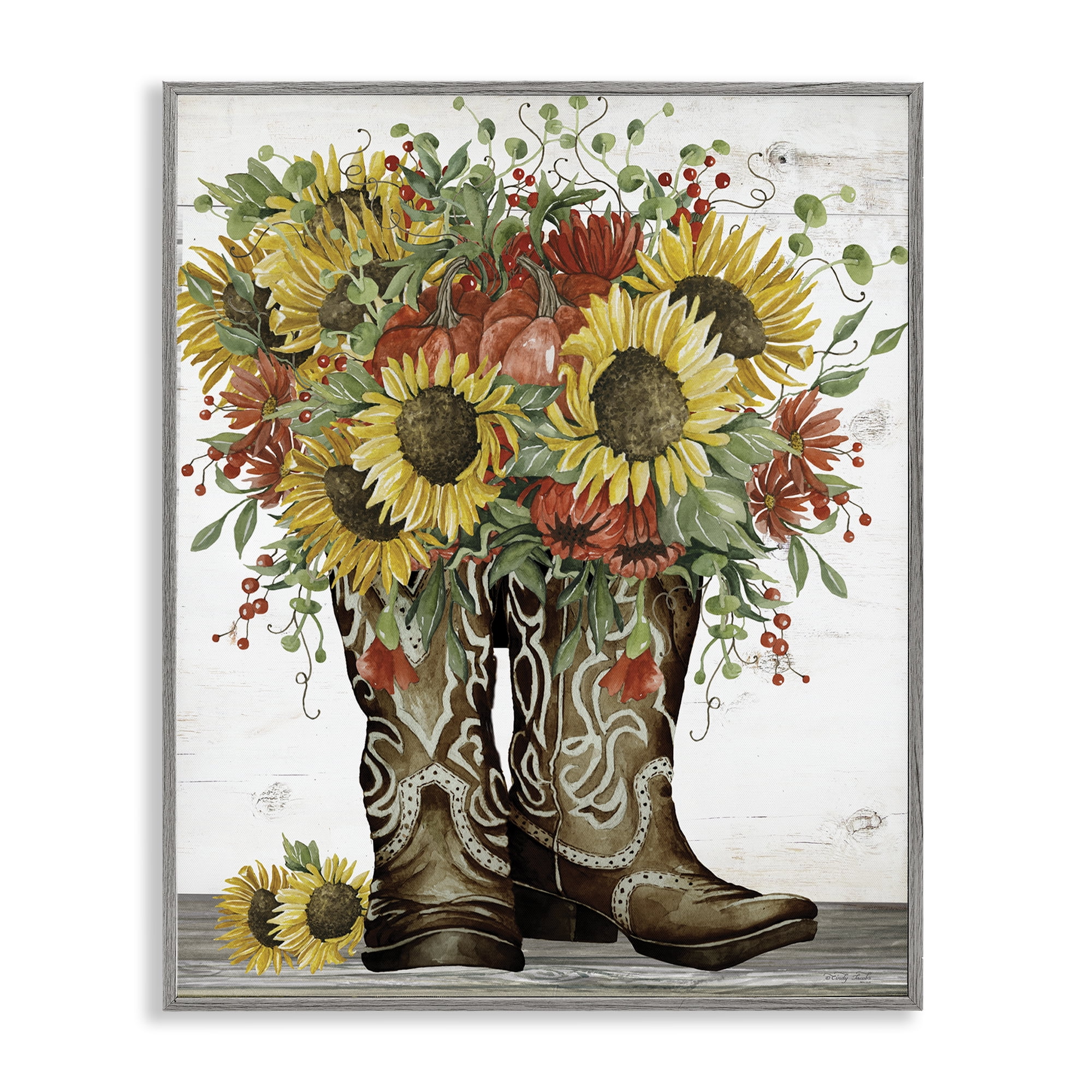 Stupell Industries Sunflowers in Western Boots Plants & Flowers Painting Gray Framed Art Print Wall Art, 24 x 30