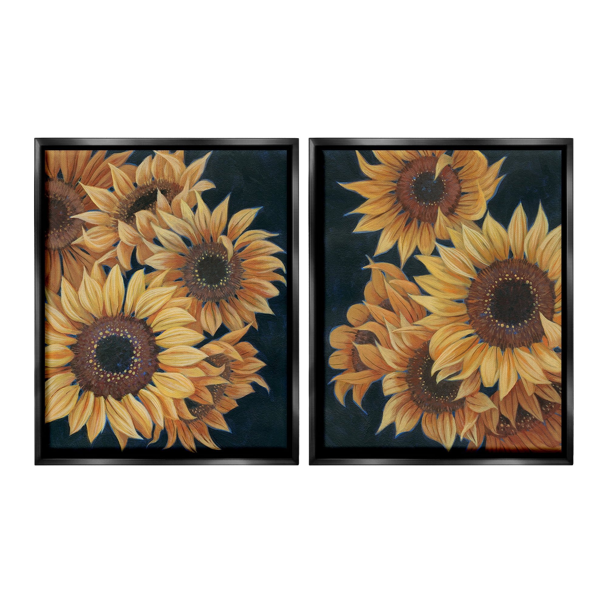 Stupell Industries Sunflowers on Black Botanical & Floral Painting Black Floater Framed Canvas Art Print Wall Art, 17 x 21, Set of 2