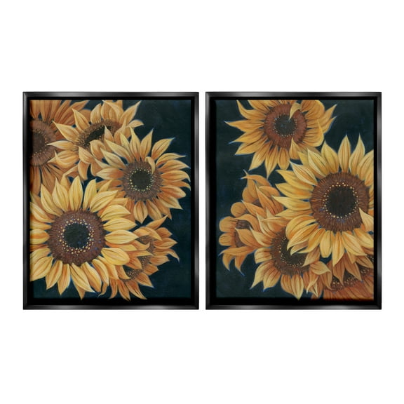 Stupell Industries Sunflowers on Black Botanical & Floral Painting Black Floater Framed Canvas Art Print Wall Art, 25 x 31, Set of 2