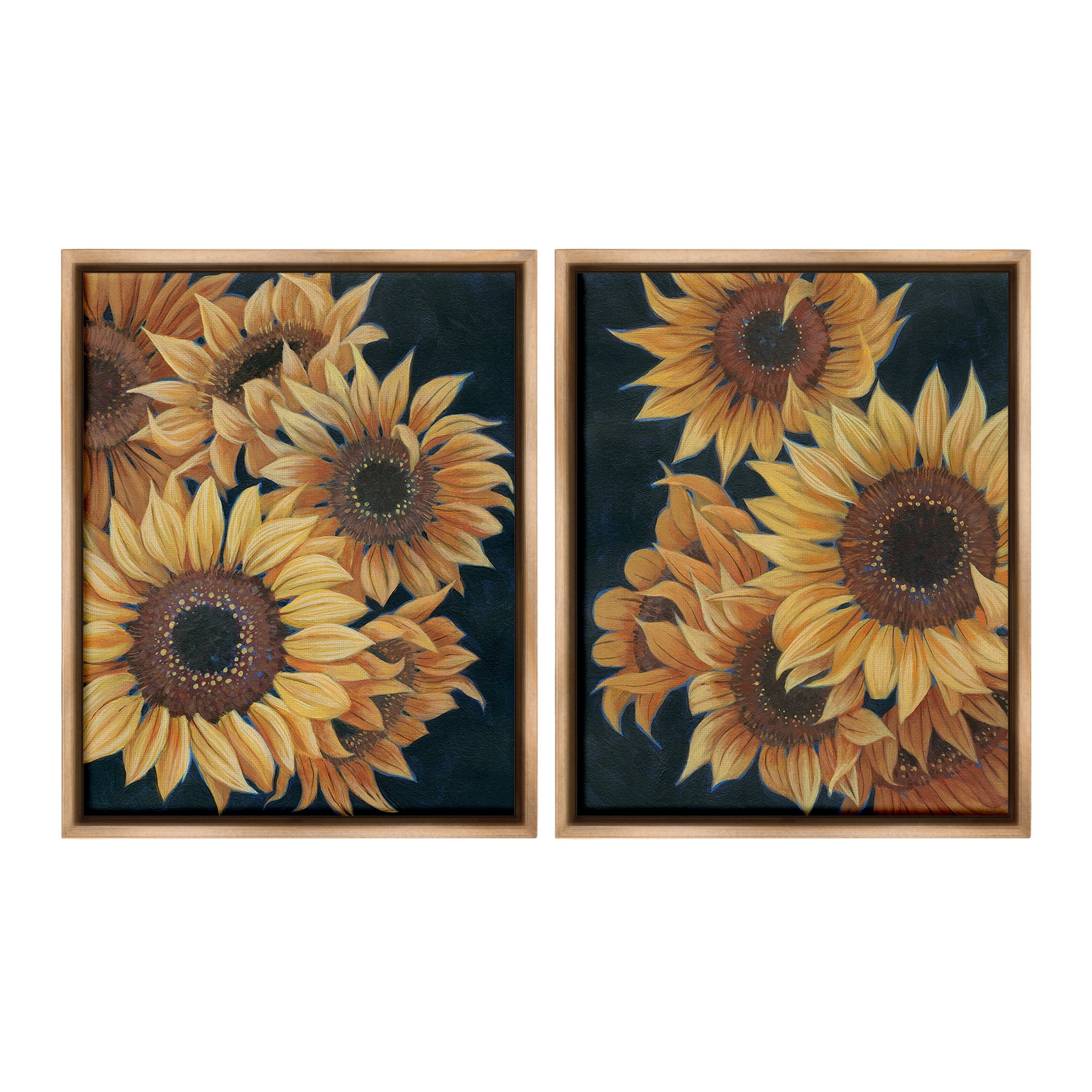 Stupell Industries Sunflowers on Black Botanical & Floral Painting Brown Floater Framed Canvas Art Print Wall Art, 25 x 31, Set of 2