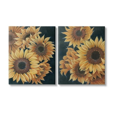 Stupell Industries Sunflowers on Black Botanical & Floral Painting Gallery Wrapped Canvas Art Print Wall Art, 16 x 20, Set of 2
