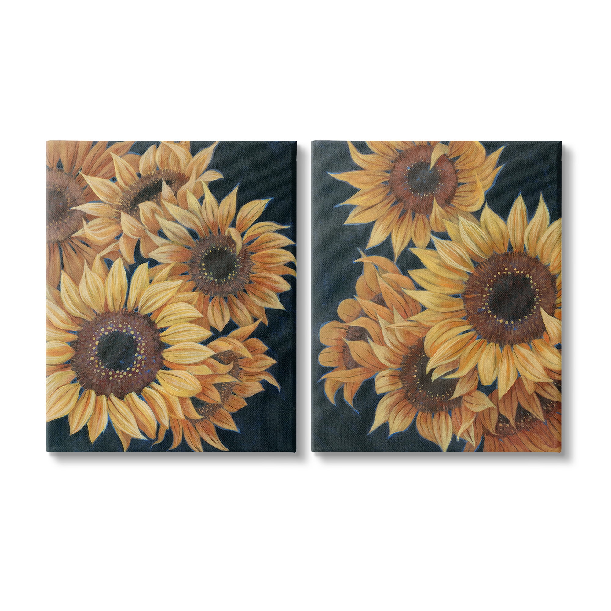 Stupell Industries Sunflowers on Black Botanical & Floral Painting Gallery Wrapped Canvas Art Print Wall Art, 24 x 30, Set of 2