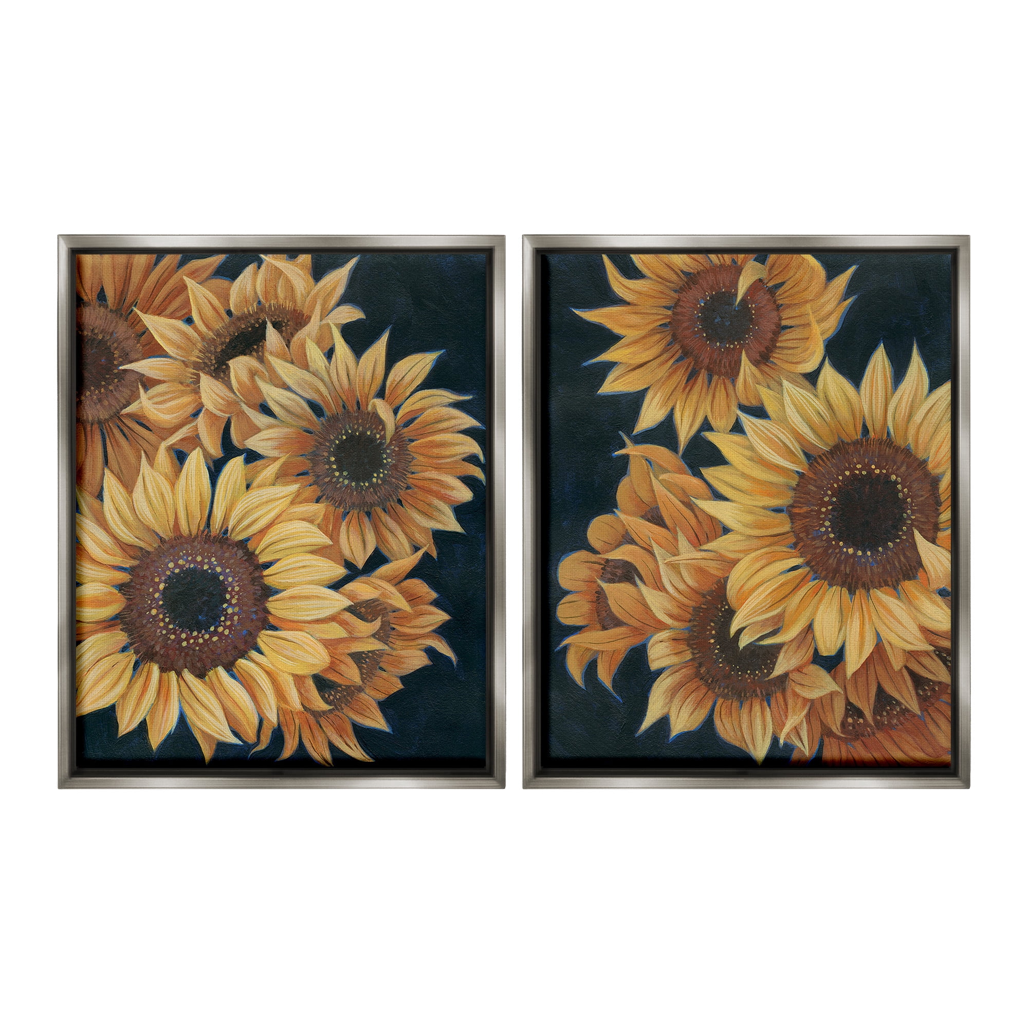 Stupell Industries Sunflowers on Black Botanical & Floral Painting Gray Floater Framed Canvas Art Print Wall Art, 17 x 21, Set of 2