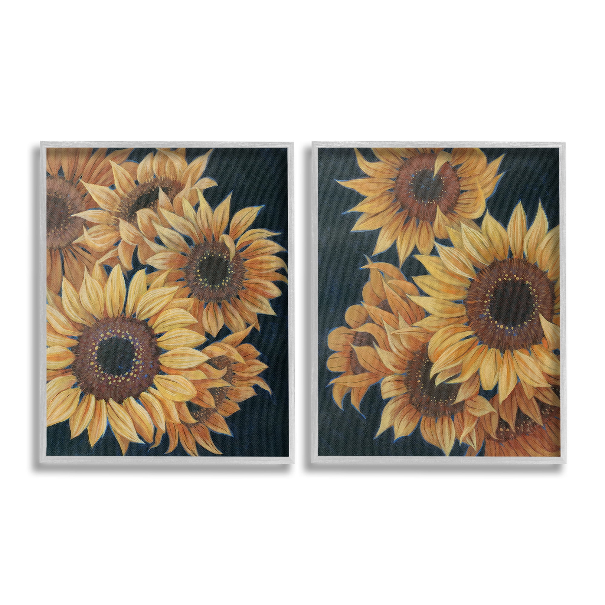 Stupell Industries Sunflowers on Black Botanical & Floral Painting Gray Framed Art Print Wall Art, 16 x 20, Set of 2