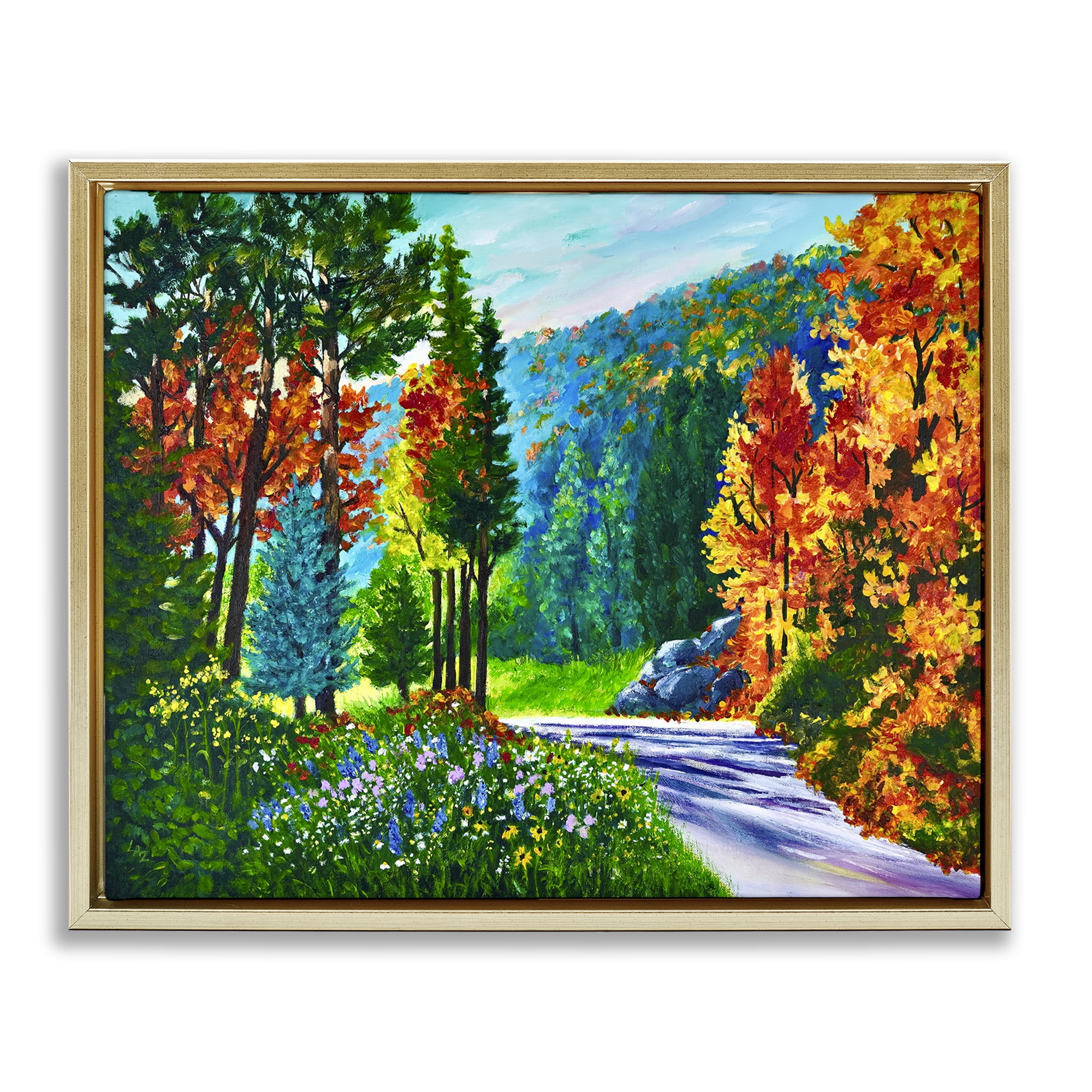Stupell Industries Sunlit Autumn Woodland Pathway Gold Framed Floater Canvas Wall Art, design by Lee Ann Zirbes