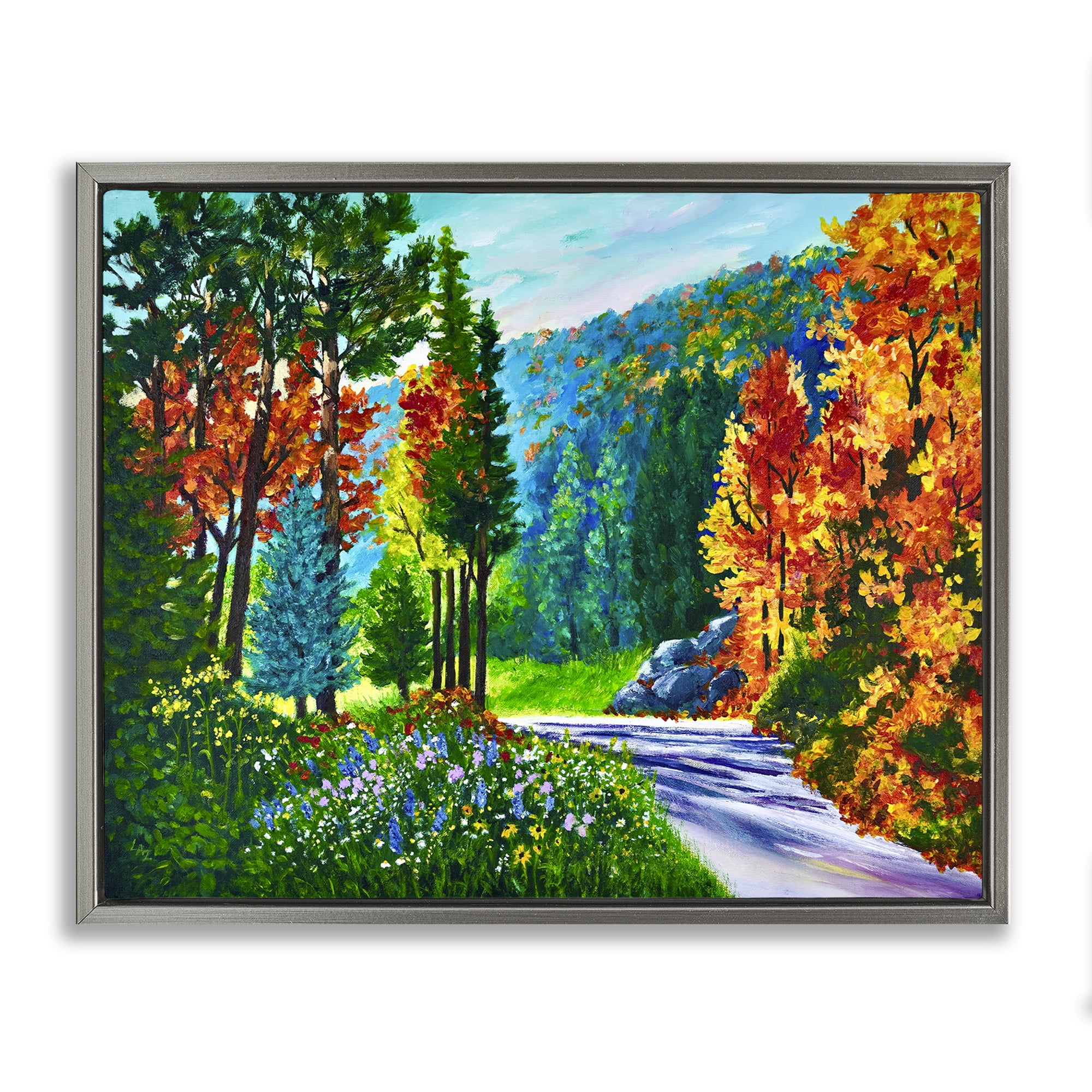 Stupell Industries Sunlit Autumn Woodland Pathway Gray Framed Floater Canvas Wall Art, design by Lee Ann Zirbes