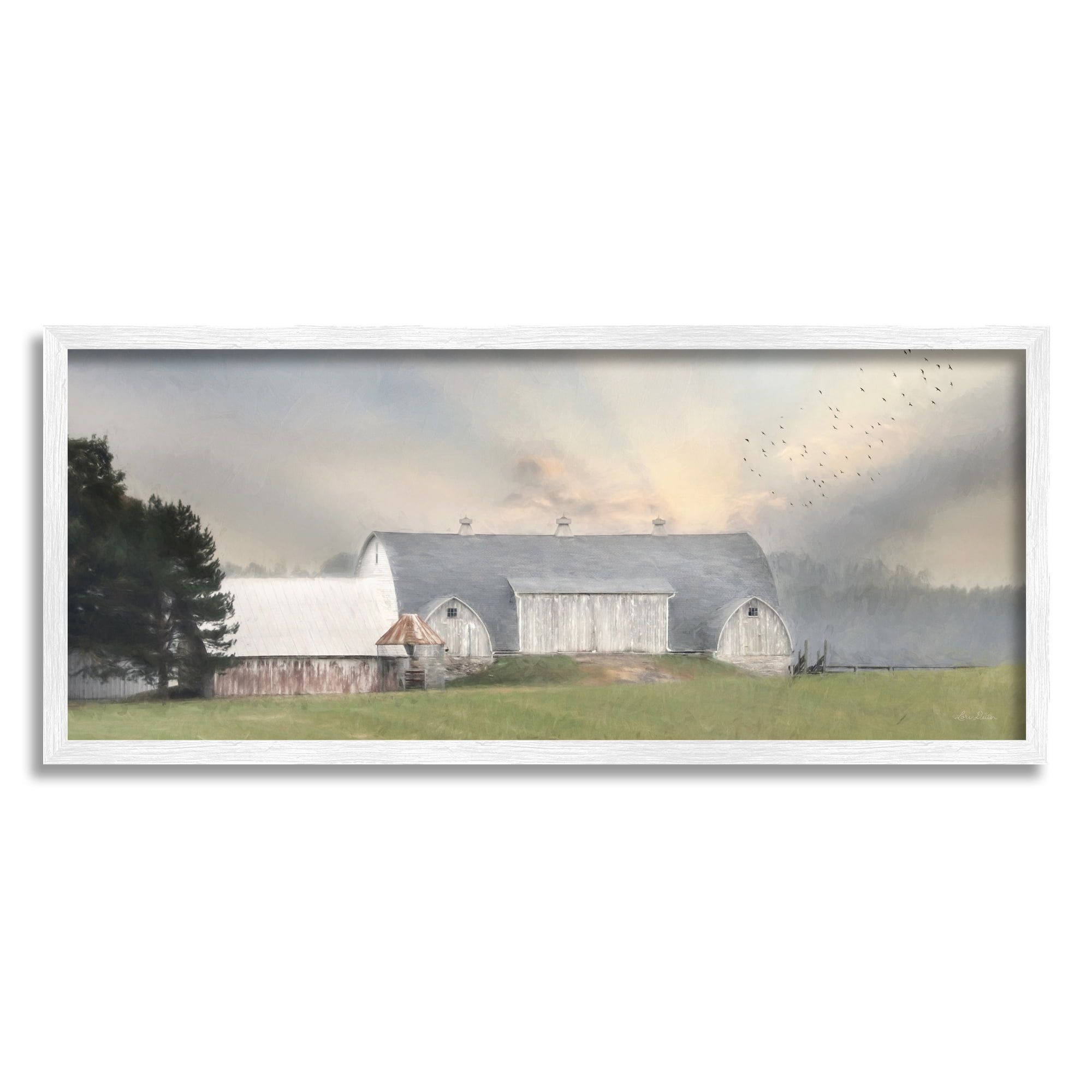 Stupell Industries Sunlit Barn Birds Flying Rural Countryside Pasture Graphic Art White Framed Art Print Wall Art, Design by Lori Deiter