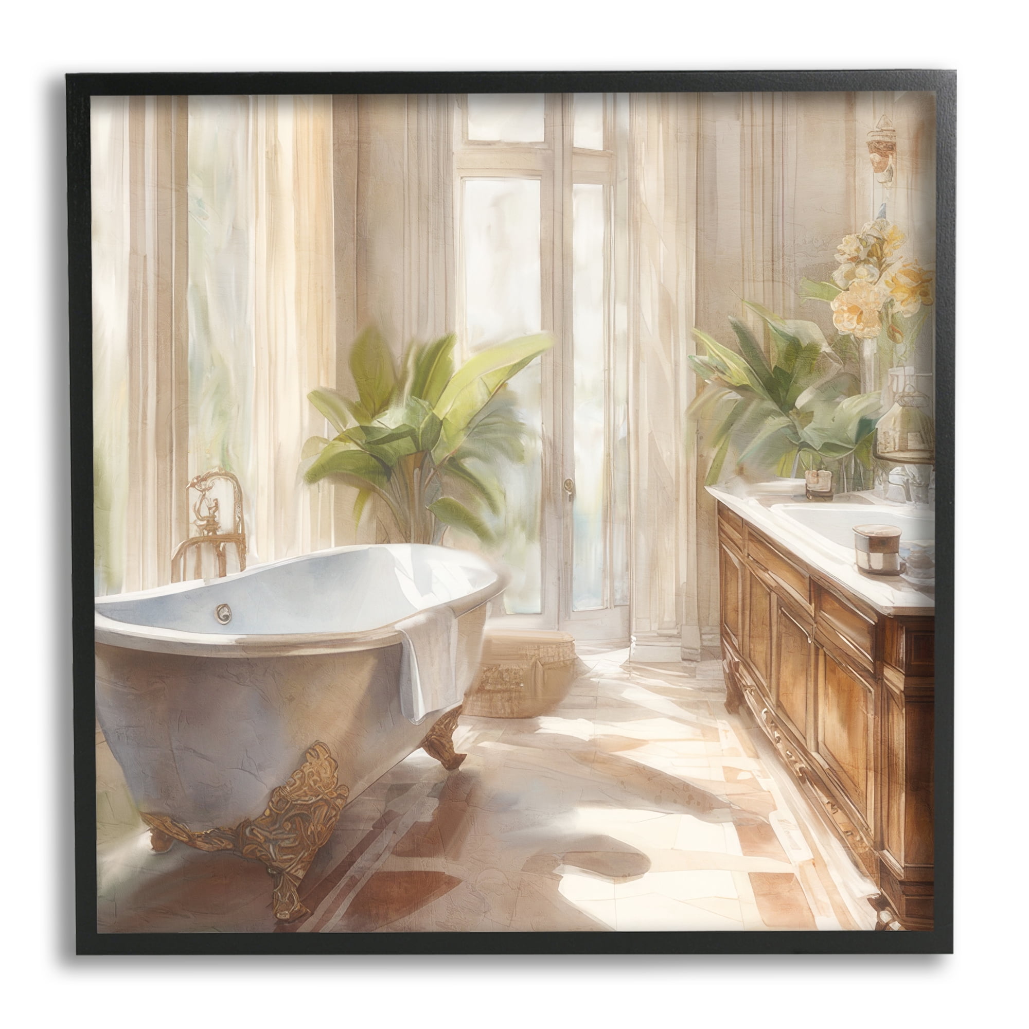Stupell Industries Sunlit Bathroom View Botanical & Floral Painting Black Framed Art Print Wall Art, 24 x 24